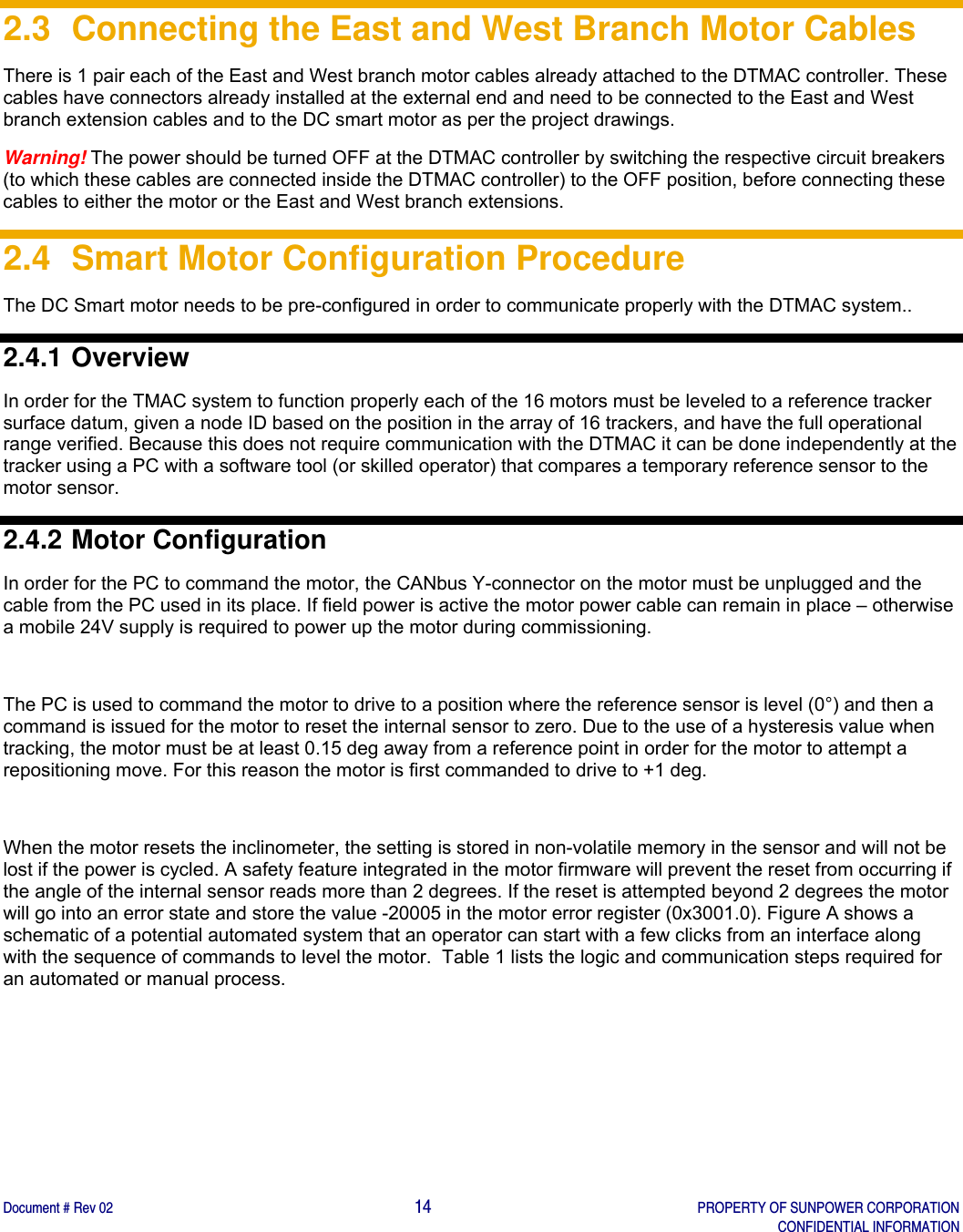    Document # Rev 02                                                                                       14   PROPERTY OF SUNPOWER CORPORATION   CONFIDENTIAL INFORMATION    2.3  Connecting the East and West Branch Motor Cables There is 1 pair each of the East and West branch motor cables already attached to the DTMAC controller. These cables have connectors already installed at the external end and need to be connected to the East and West branch extension cables and to the DC smart motor as per the project drawings. Warning! The power should be turned OFF at the DTMAC controller by switching the respective circuit breakers (to which these cables are connected inside the DTMAC controller) to the OFF position, before connecting these cables to either the motor or the East and West branch extensions. 2.4  Smart Motor Configuration Procedure The DC Smart motor needs to be pre-configured in order to communicate properly with the DTMAC system.. 2.4.1 Overview In order for the TMAC system to function properly each of the 16 motors must be leveled to a reference tracker surface datum, given a node ID based on the position in the array of 16 trackers, and have the full operational range verified. Because this does not require communication with the DTMAC it can be done independently at the tracker using a PC with a software tool (or skilled operator) that compares a temporary reference sensor to the motor sensor. 2.4.2 Motor Configuration In order for the PC to command the motor, the CANbus Y-connector on the motor must be unplugged and the cable from the PC used in its place. If field power is active the motor power cable can remain in place – otherwise a mobile 24V supply is required to power up the motor during commissioning.   The PC is used to command the motor to drive to a position where the reference sensor is level (0°) and then a command is issued for the motor to reset the internal sensor to zero. Due to the use of a hysteresis value when tracking, the motor must be at least 0.15 deg away from a reference point in order for the motor to attempt a repositioning move. For this reason the motor is first commanded to drive to +1 deg.  When the motor resets the inclinometer, the setting is stored in non-volatile memory in the sensor and will not be lost if the power is cycled. A safety feature integrated in the motor firmware will prevent the reset from occurring if the angle of the internal sensor reads more than 2 degrees. If the reset is attempted beyond 2 degrees the motor will go into an error state and store the value -20005 in the motor error register (0x3001.0). Figure A shows a schematic of a potential automated system that an operator can start with a few clicks from an interface along with the sequence of commands to level the motor.  Table 1 lists the logic and communication steps required for an automated or manual process.      