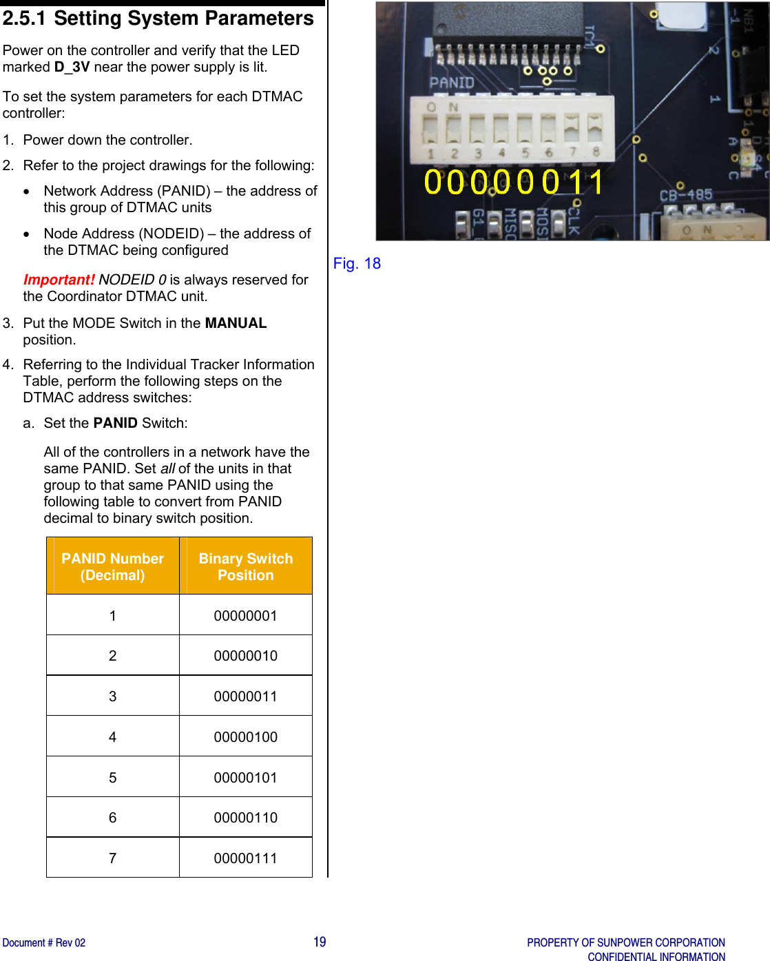    Document # Rev 02                                                                                       19   PROPERTY OF SUNPOWER CORPORATION   CONFIDENTIAL INFORMATION   2.5.1 Setting System Parameters Power on the controller and verify that the LED marked D_3V near the power supply is lit.  To set the system parameters for each DTMAC controller: 1.  Power down the controller.  2.  Refer to the project drawings for the following:   Network Address (PANID) – the address of this group of DTMAC units    Node Address (NODEID) – the address of the DTMAC being configured Important! NODEID 0 is always reserved for the Coordinator DTMAC unit.  3.  Put the MODE Switch in the MANUAL position.  4.  Referring to the Individual Tracker Information Table, perform the following steps on the DTMAC address switches: a. Set the PANID Switch: All of the controllers in a network have the same PANID. Set all of the units in that group to that same PANID using the following table to convert from PANID decimal to binary switch position.  PANID Number (Decimal)  Binary Switch Position 1 00000001 2 00000010 3 00000011 4 00000100 5 00000101 6 00000110 7 00000111  Fig. 18 