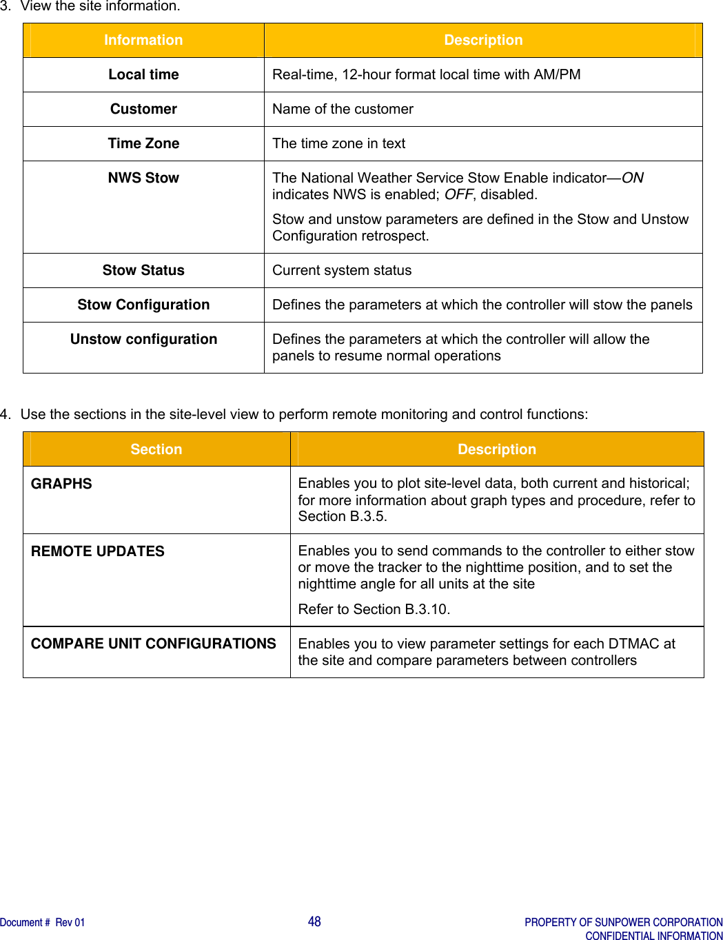    Document #  Rev 01                                                                                     48   PROPERTY OF SUNPOWER CORPORATION   CONFIDENTIAL INFORMATION  3.  View the site information.  Information  Description Local time  Real-time, 12-hour format local time with AM/PM  Customer  Name of the customer Time Zone  The time zone in text NWS Stow  The National Weather Service Stow Enable indicator—ON indicates NWS is enabled; OFF, disabled. Stow and unstow parameters are defined in the Stow and Unstow Configuration retrospect. Stow Status  Current system status Stow Configuration  Defines the parameters at which the controller will stow the panels Unstow configuration  Defines the parameters at which the controller will allow the panels to resume normal operations   4.  Use the sections in the site-level view to perform remote monitoring and control functions: Section  Description GRAPHS  Enables you to plot site-level data, both current and historical; for more information about graph types and procedure, refer to Section B.3.5. REMOTE UPDATES  Enables you to send commands to the controller to either stow or move the tracker to the nighttime position, and to set the nighttime angle for all units at the site Refer to Section B.3.10. COMPARE UNIT CONFIGURATIONS  Enables you to view parameter settings for each DTMAC at the site and compare parameters between controllers    