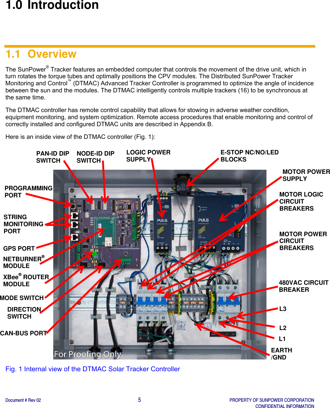    Document # Rev 02                                                                                       5   PROPERTY OF SUNPOWER CORPORATION   CONFIDENTIAL INFORMATION   1.0 Introduction 1.1 Overview The SunPower® Tracker features an embedded computer that controls the movement of the drive unit, which in turn rotates the torque tubes and optimally positions the CPV modules. The Distributed SunPower Tracker Monitoring and Control™ (DTMAC) Advanced Tracker Controller is programmed to optimize the angle of incidence between the sun and the modules. The DTMAC intelligently controls multiple trackers (16) to be synchronous at the same time. The DTMAC controller has remote control capability that allows for stowing in adverse weather condition, equipment monitoring, and system optimization. Remote access procedures that enable monitoring and control of correctly installed and configured DTMAC units are described in Appendix B.  Here is an inside view of the DTMAC controller (Fig. 1):    Fig. 1 Internal view of the DTMAC Solar Tracker Controller   MOTOR POWER SUPPLY LOGIC POWER SUPPLY  E-STOP NC/NO/LED BLOCKS PAN-ID DIP SWITCH  NODE-ID DIP SWITCH PROGRAMMING PORT STRING MONITORING  PORT GPS PORT XBee® ROUTER MODULE  480VAC CIRCUIT BREAKER MOTOR POWER CIRCUIT    BREAKERS MOTOR LOGIC CIRCUIT    BREAKERS NETBURNER® MODULE MODE SWITCH DIRECTION SWITCH CAN-BUS PORT L3 L2 L1 EARTH/GND 