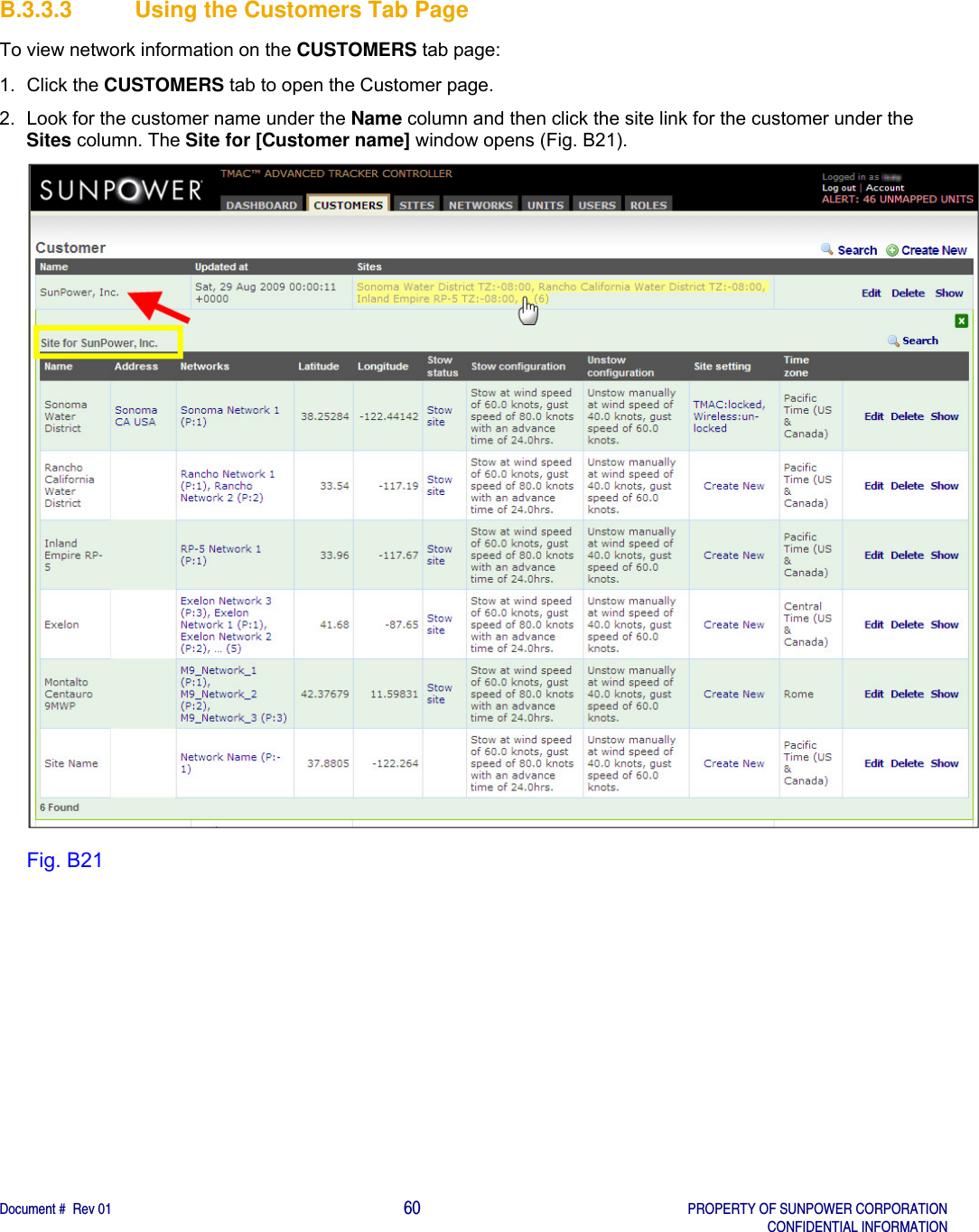    Document #  Rev 01                                                                                     60   PROPERTY OF SUNPOWER CORPORATION   CONFIDENTIAL INFORMATION  B.3.3.3  Using the Customers Tab Page To view network information on the CUSTOMERS tab page:  1. Click the CUSTOMERS tab to open the Customer page. 2.  Look for the customer name under the Name column and then click the site link for the customer under the Sites column. The Site for [Customer name] window opens (Fig. B21).  Fig. B21   