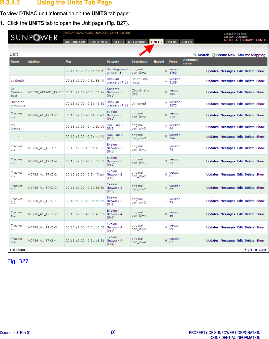    Document #  Rev 01                                                                                     66   PROPERTY OF SUNPOWER CORPORATION   CONFIDENTIAL INFORMATION  B.3.4.2  Using the Units Tab Page To view DTMAC unit information on the UNITS tab page: 1. Click the UNITS tab to open the Unit page (Fig. B27).  Fig. B27   