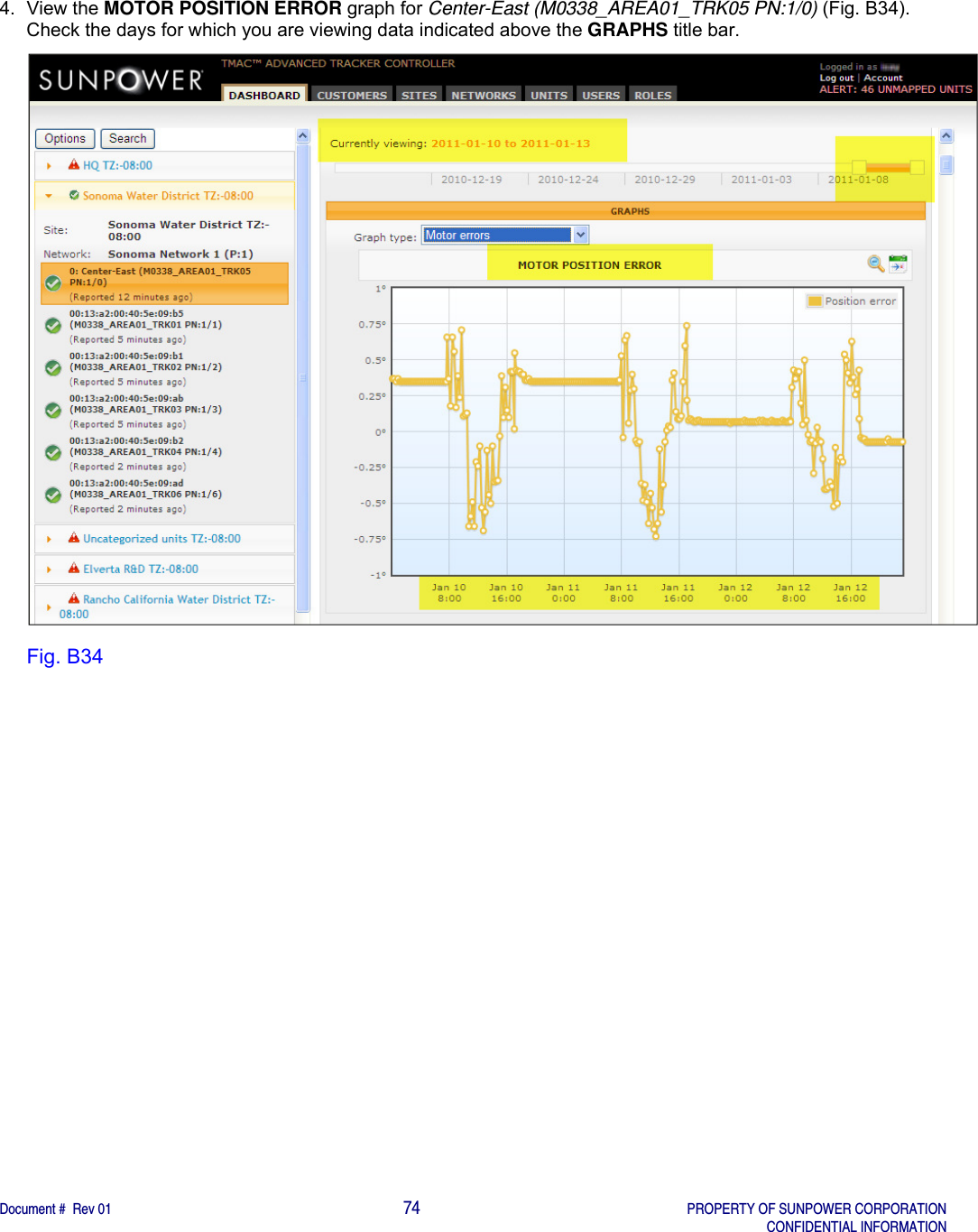    Document #  Rev 01                                                                                     74   PROPERTY OF SUNPOWER CORPORATION   CONFIDENTIAL INFORMATION  4. View the MOTOR POSITION ERROR graph for Center-East (M0338_AREA01_TRK05 PN:1/0) (Fig. B34). Check the days for which you are viewing data indicated above the GRAPHS title bar.       Fig. B34   