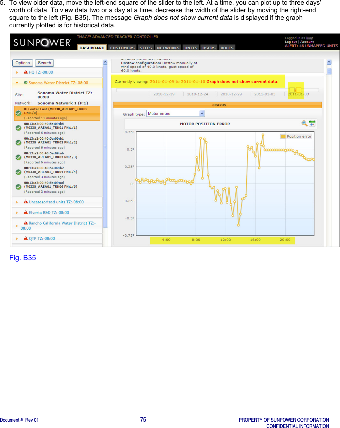    Document #  Rev 01                                                                                     75   PROPERTY OF SUNPOWER CORPORATION   CONFIDENTIAL INFORMATION  5.  To view older data, move the left-end square of the slider to the left. At a time, you can plot up to three days’ worth of data. To view data two or a day at a time, decrease the width of the slider by moving the right-end square to the left (Fig. B35). The message Graph does not show current data is displayed if the graph currently plotted is for historical data.  Fig. B35   