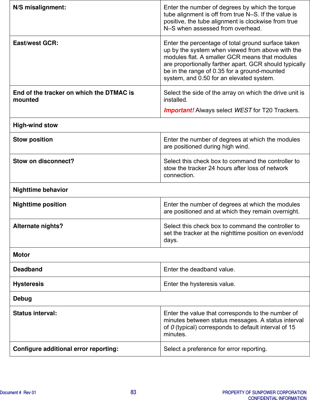    Document #  Rev 01                                                                                     83   PROPERTY OF SUNPOWER CORPORATION   CONFIDENTIAL INFORMATION  N/S misalignment:  Enter the number of degrees by which the torque tube alignment is off from true N–S. If the value is positive, the tube alignment is clockwise from true N–S when assessed from overhead. East/west GCR:  Enter the percentage of total ground surface taken up by the system when viewed from above with the modules flat. A smaller GCR means that modules are proportionally farther apart. GCR should typically be in the range of 0.35 for a ground-mounted system, and 0.50 for an elevated system. End of the tracker on which the DTMAC is mounted  Select the side of the array on which the drive unit is installed.  Important! Always select WEST for T20 Trackers. High-wind stow Stow position  Enter the number of degrees at which the modules are positioned during high wind. Stow on disconnect?  Select this check box to command the controller to stow the tracker 24 hours after loss of network connection. Nighttime behavior Nighttime position  Enter the number of degrees at which the modules are positioned and at which they remain overnight. Alternate nights?  Select this check box to command the controller to set the tracker at the nighttime position on even/odd days. Motor Deadband  Enter the deadband value. Hysteresis  Enter the hysteresis value. Debug Status interval:  Enter the value that corresponds to the number of minutes between status messages. A status interval of 0 (typical) corresponds to default interval of 15 minutes. Configure additional error reporting:  Select a preference for error reporting.    