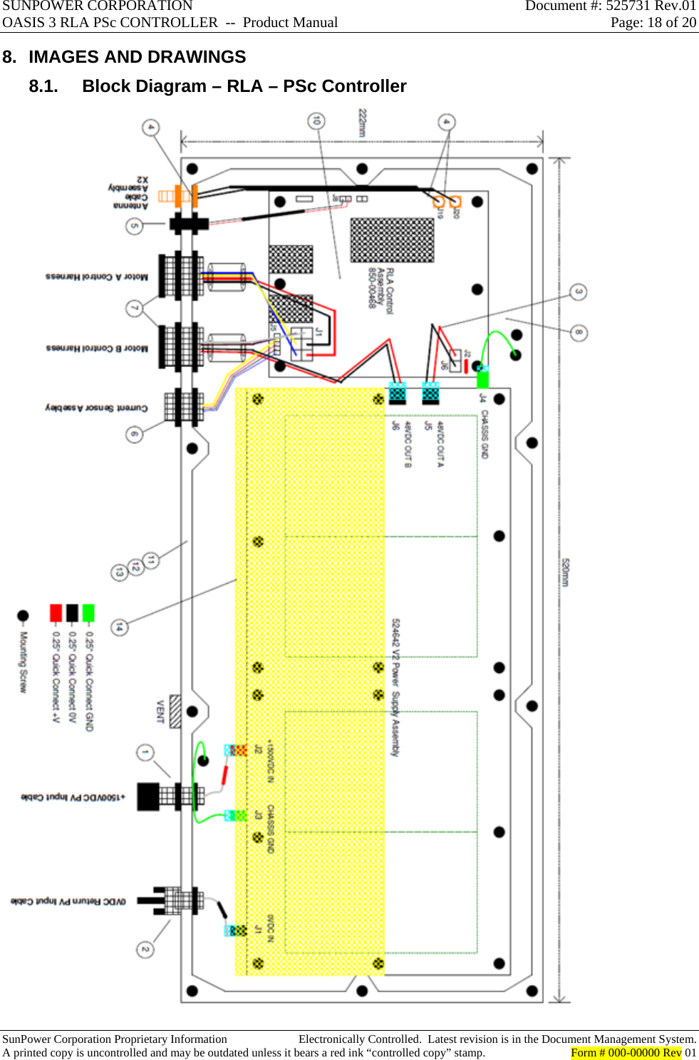 SUNPOWER CORPORATION  Document #: 525731 Rev.01 OASIS 3 RLA PSc CONTROLLER  --  Product Manual  Page: 18 of 20  SunPower Corporation Proprietary Information  Electronically Controlled.  Latest revision is in the Document Management System. A printed copy is uncontrolled and may be outdated unless it bears a red ink “controlled copy” stamp.  Form # 000-00000 Rev 01     8.  IMAGES AND DRAWINGS 8.1.  Block Diagram – RLA – PSc Controller  