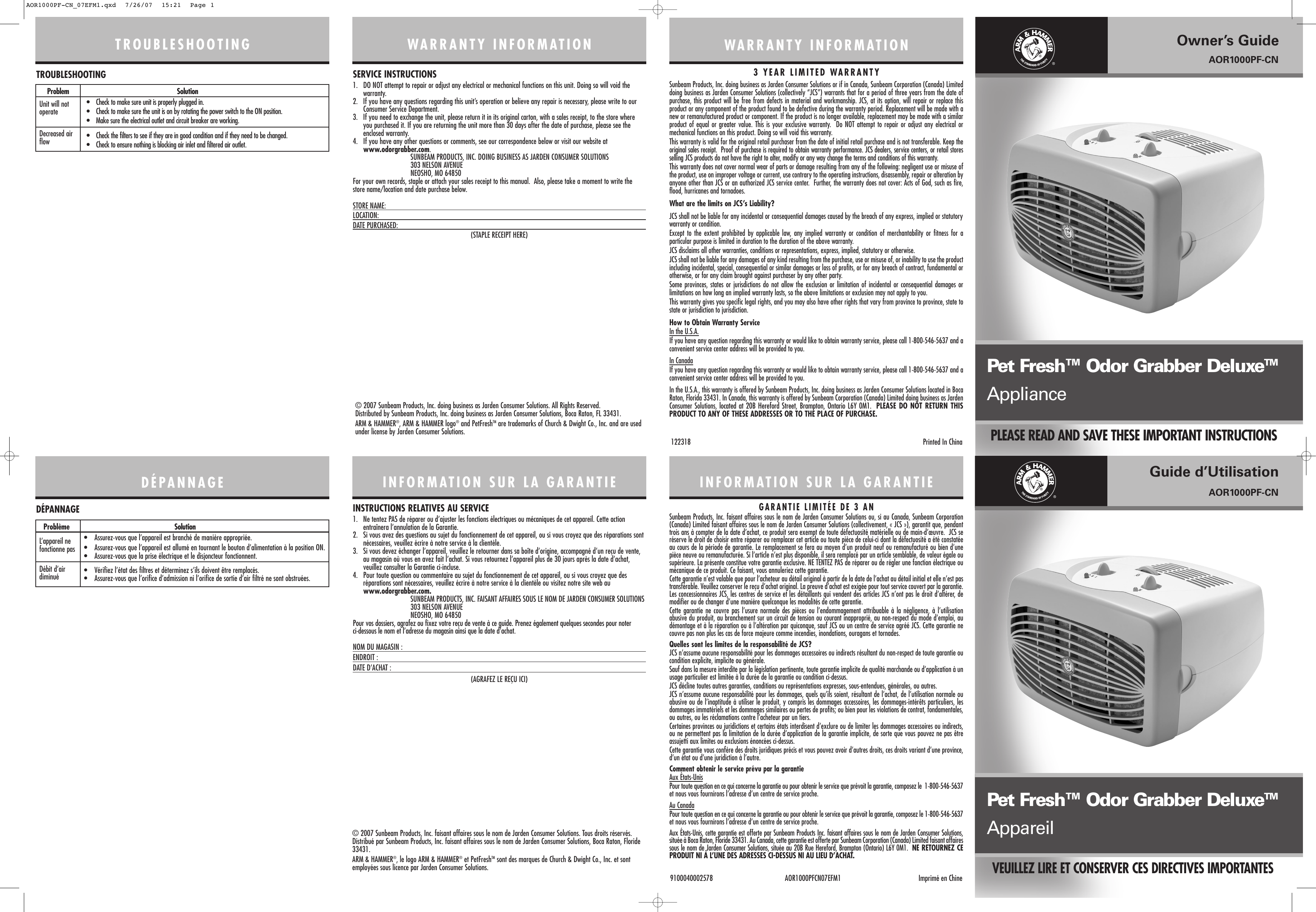 Page 1 of 2 - Sunbeam-Major-Appliances Sunbeam-Major-Appliances-Odor-Grabber-Users-Manual- AOR1000PF-CN_07EFM1  Sunbeam-major-appliances-odor-grabber-users-manual