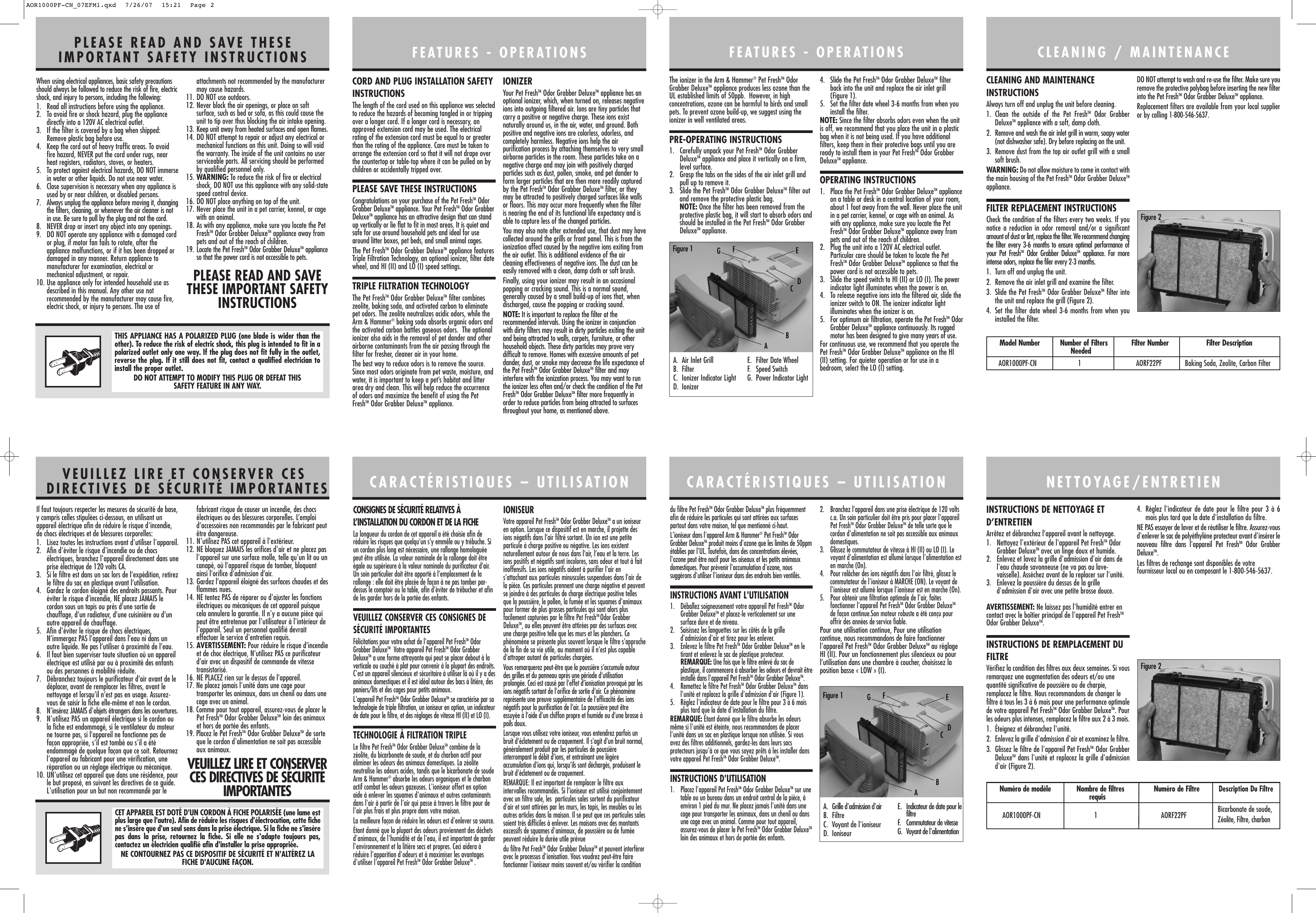 Page 2 of 2 - Sunbeam-Major-Appliances Sunbeam-Major-Appliances-Odor-Grabber-Users-Manual- AOR1000PF-CN_07EFM1  Sunbeam-major-appliances-odor-grabber-users-manual