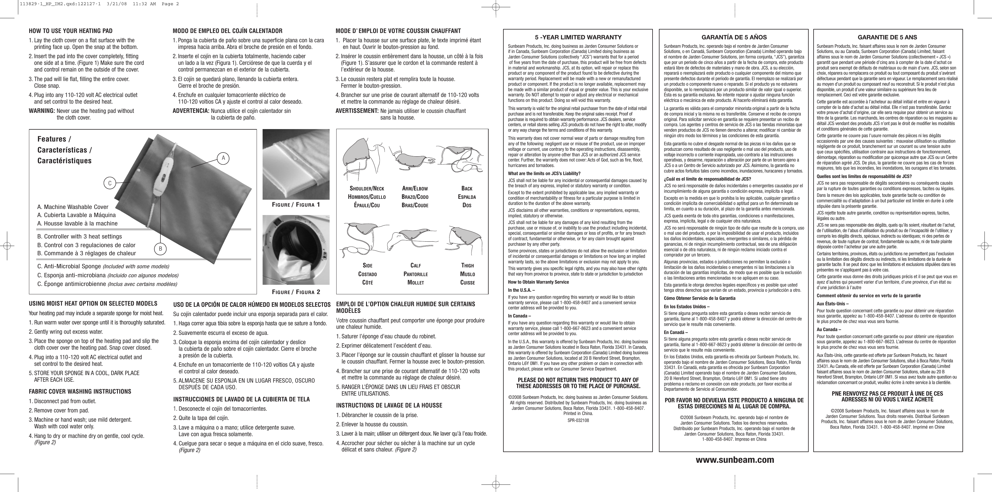 Page 2 of 2 - Sunbeam Sunbeam-000749-811-825-Owner-S-Manual !AUTO OFF HEATING PAD MANUAL-V
