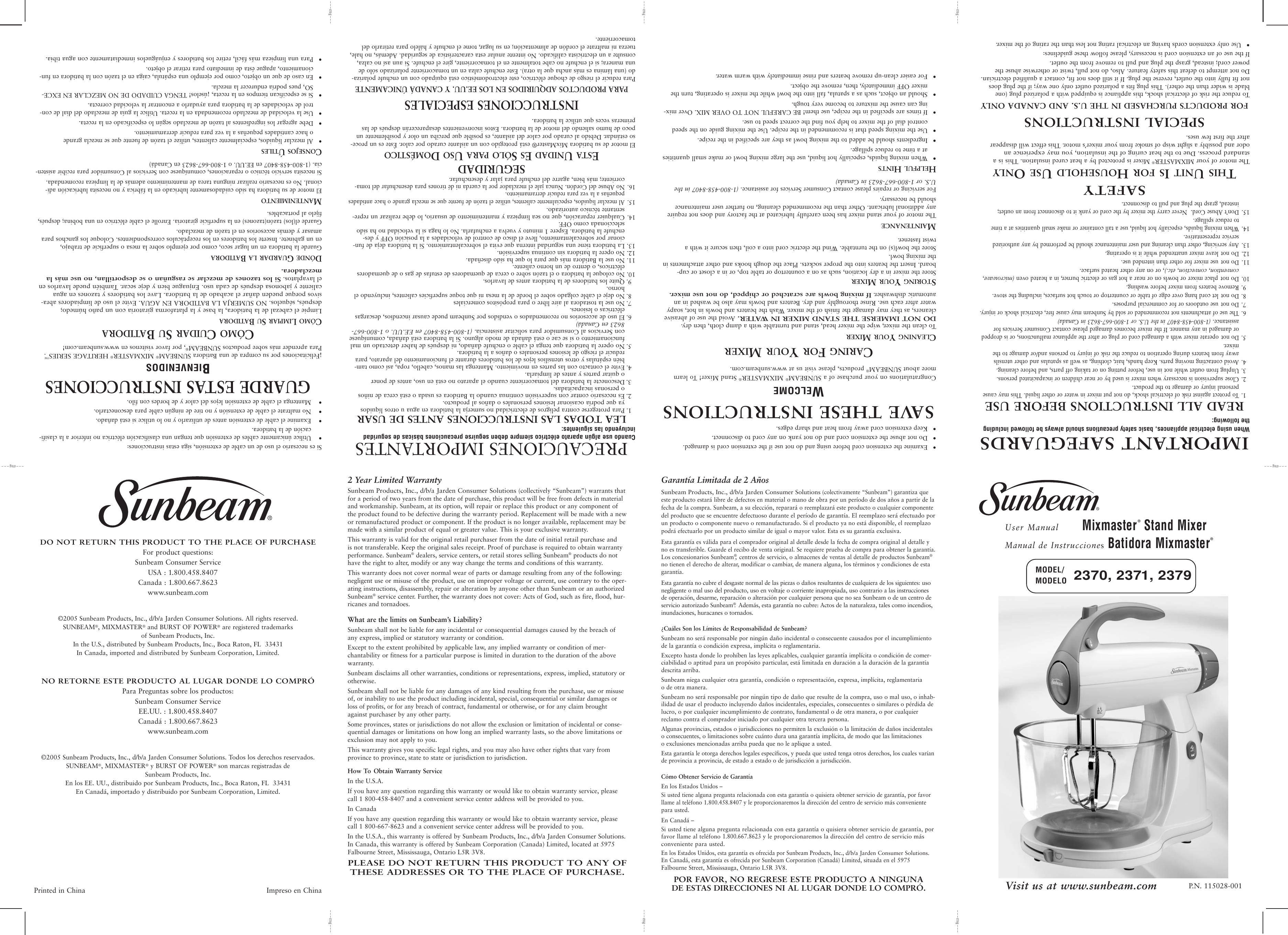 Page 1 of 2 - Sunbeam Sunbeam-2370-Users-Manual-  Sunbeam-2370-users-manual