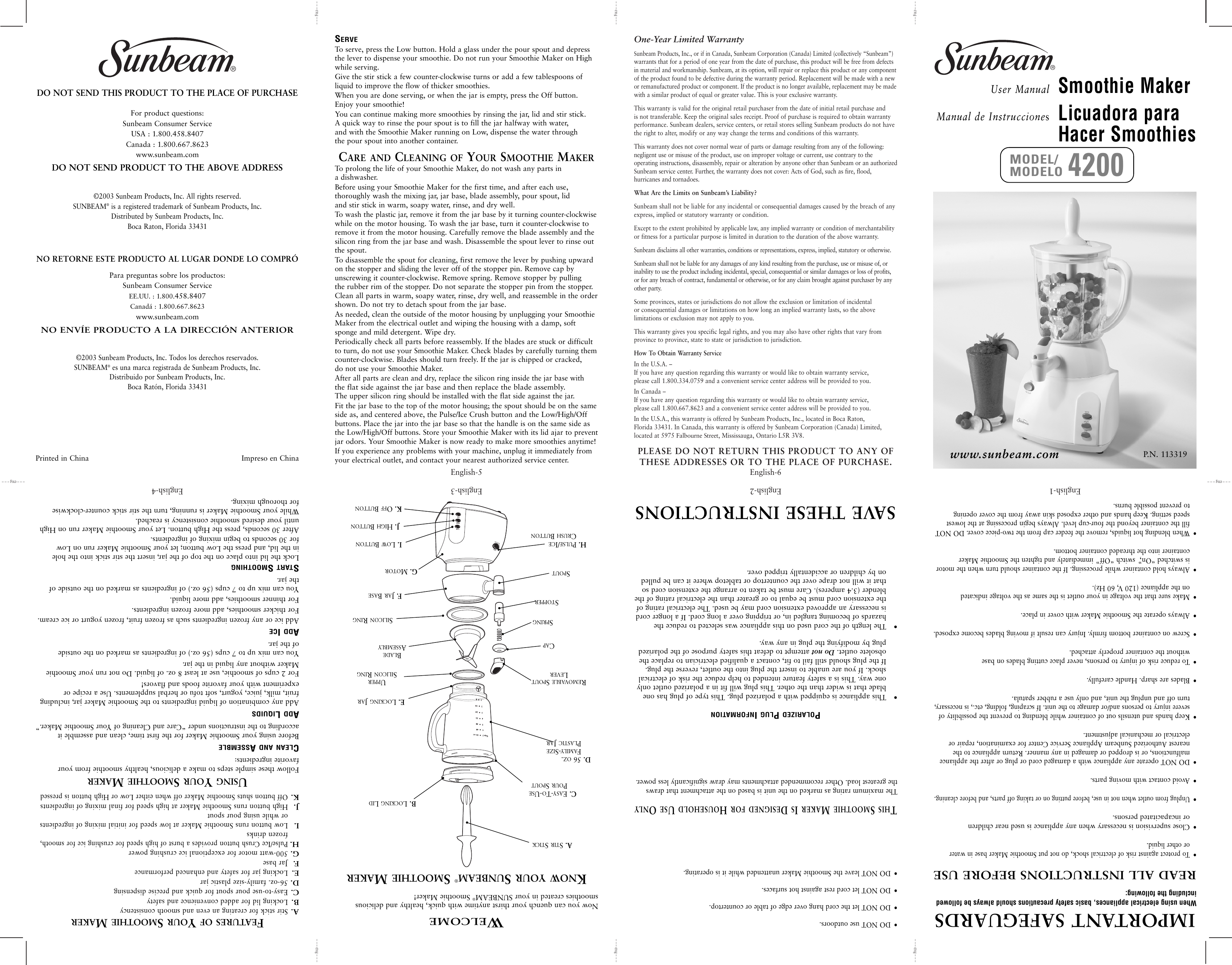 Page 1 of 2 - Sunbeam Sunbeam-4200-Users-Manual- 4200 Smoothie Maker Text !  Sunbeam-4200-users-manual