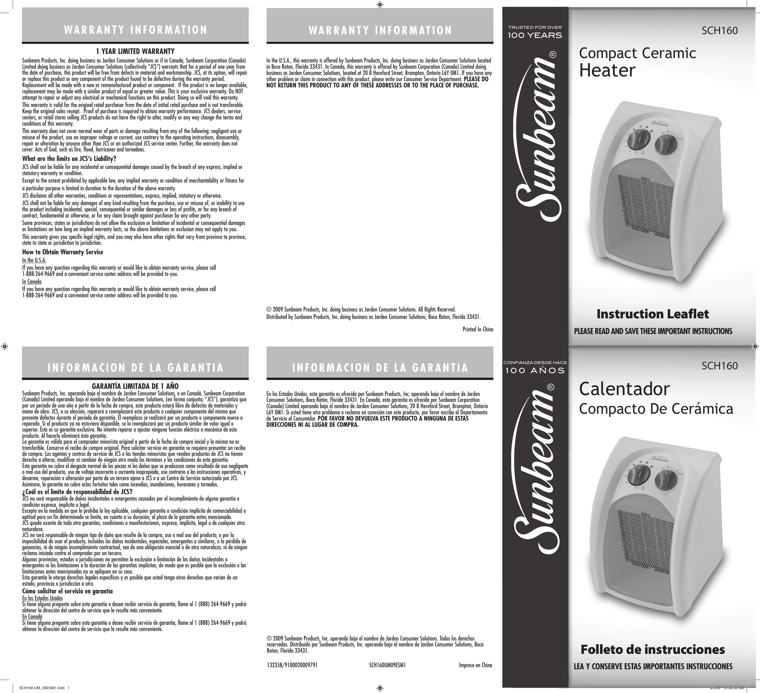 Page 1 of 2 - Sunbeam Sunbeam-Compact-Ceramic-Heater-Sch160-Users-Manual- SCH160-UM_09ESM1  Sunbeam-compact-ceramic-heater-sch160-users-manual