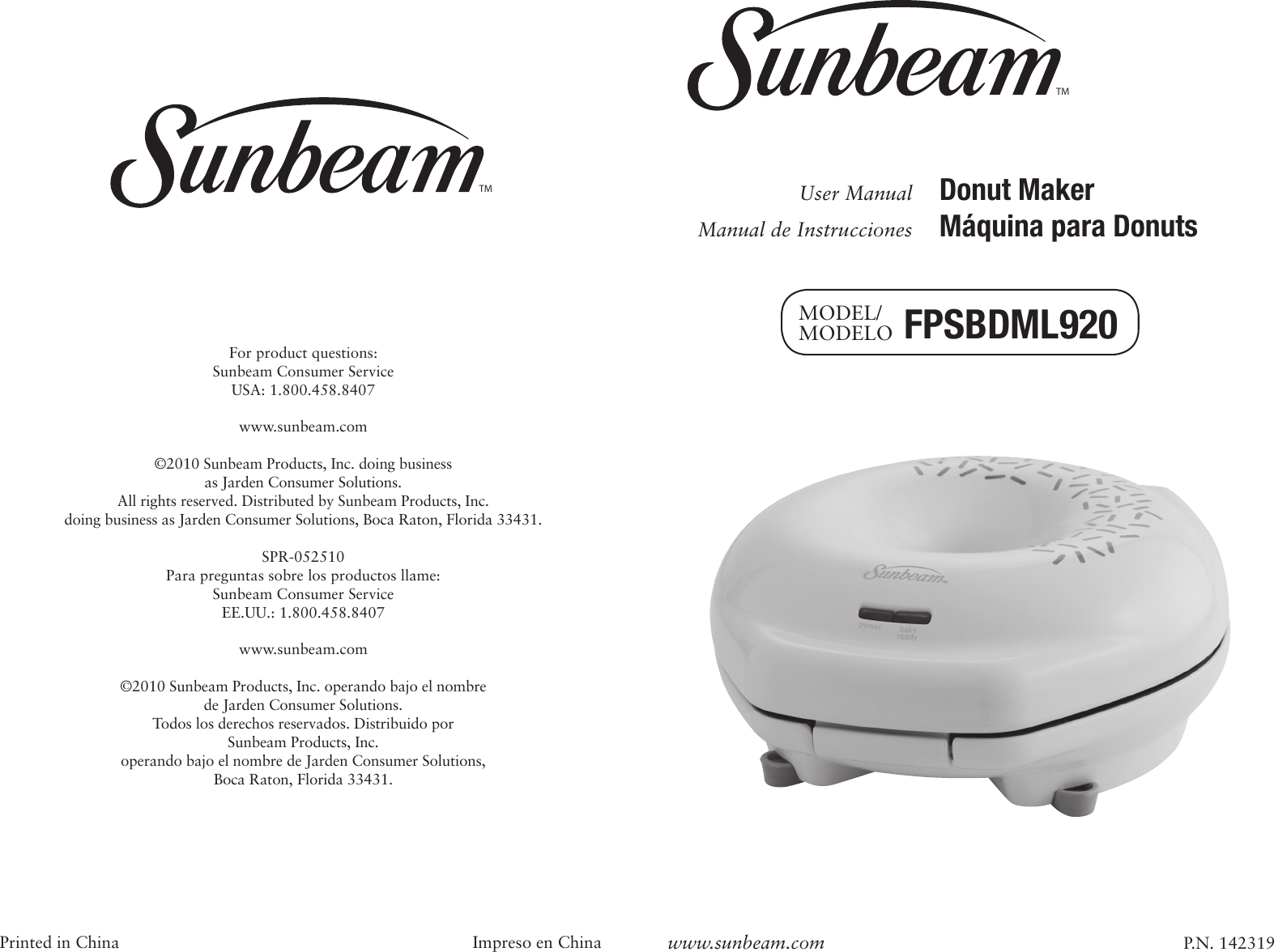 Page 1 of 12 - Sunbeam Sunbeam-Fpsbdml920-Donut-Maker-Instruction-Manual- FPSBCML920_DM_IB  Sunbeam-fpsbdml920-donut-maker-instruction-manual