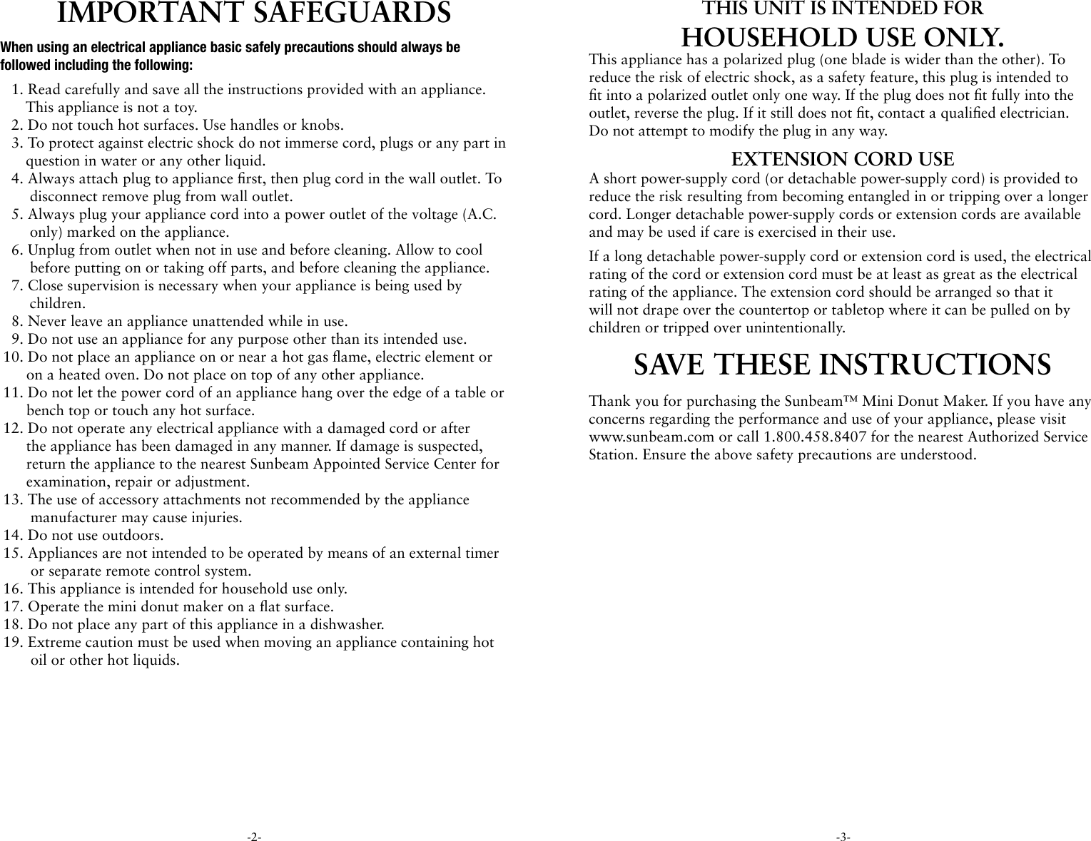 Page 2 of 8 - Sunbeam Sunbeam-Fpsbdmm921-Instruction-Manual-  Sunbeam-fpsbdmm921-instruction-manual