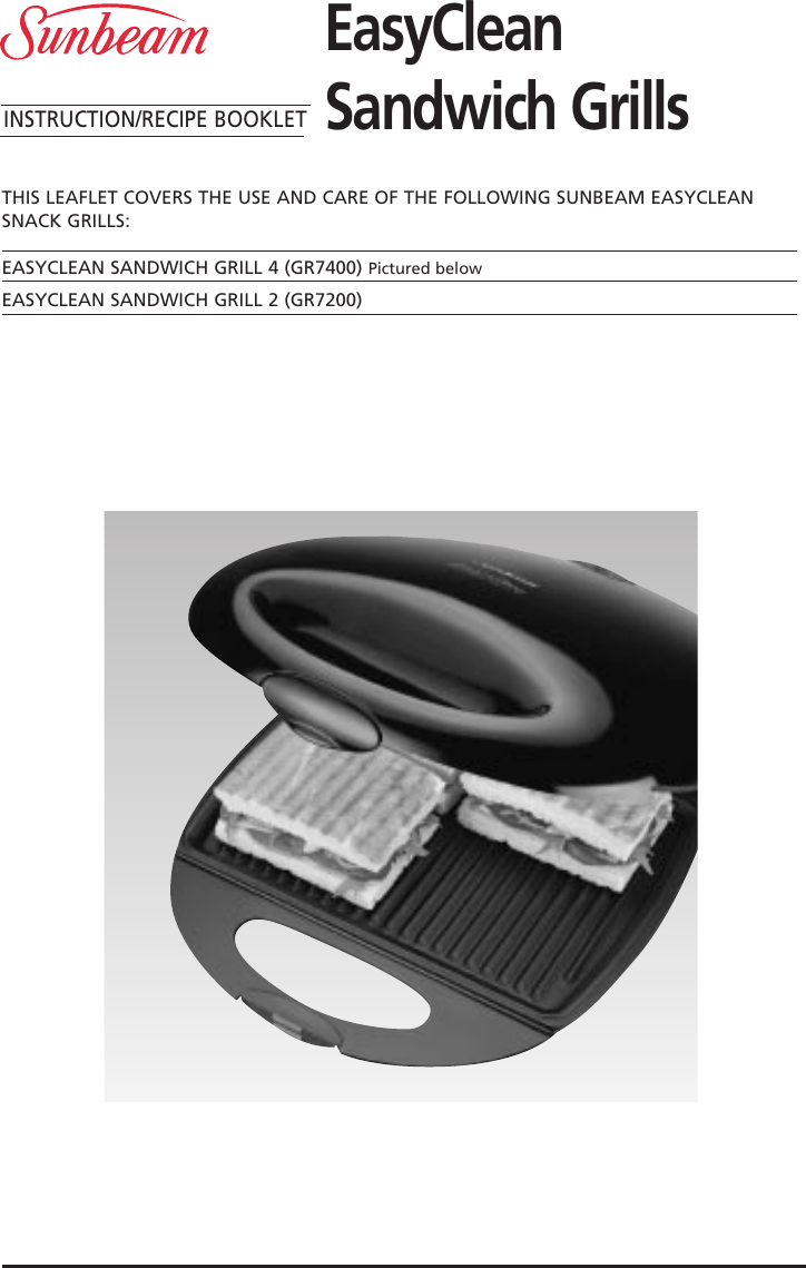 Sunbeam Gr7200 Users Manual 4428 Easy Clean S/Wich Grill