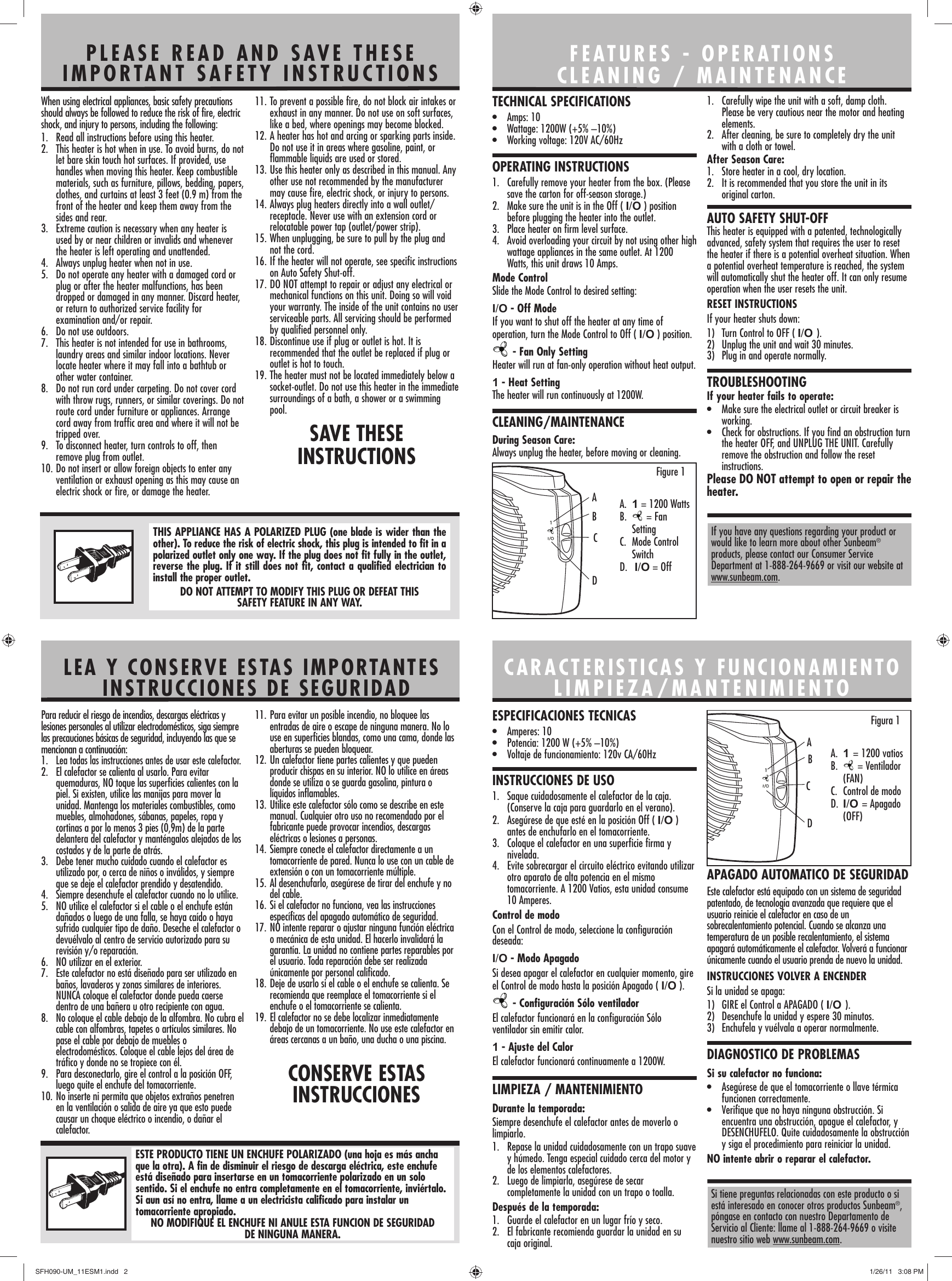 Sunbeam Heater Sfh090 Users Manual UM_11ESM1
