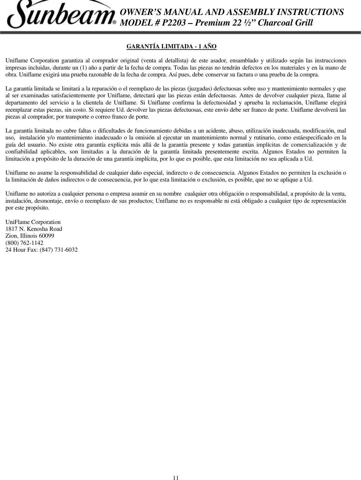 Page 11 of 11 - Sunbeam Sunbeam-P2203-Users-Manual- P2203 Owners Manual  Sunbeam-p2203-users-manual