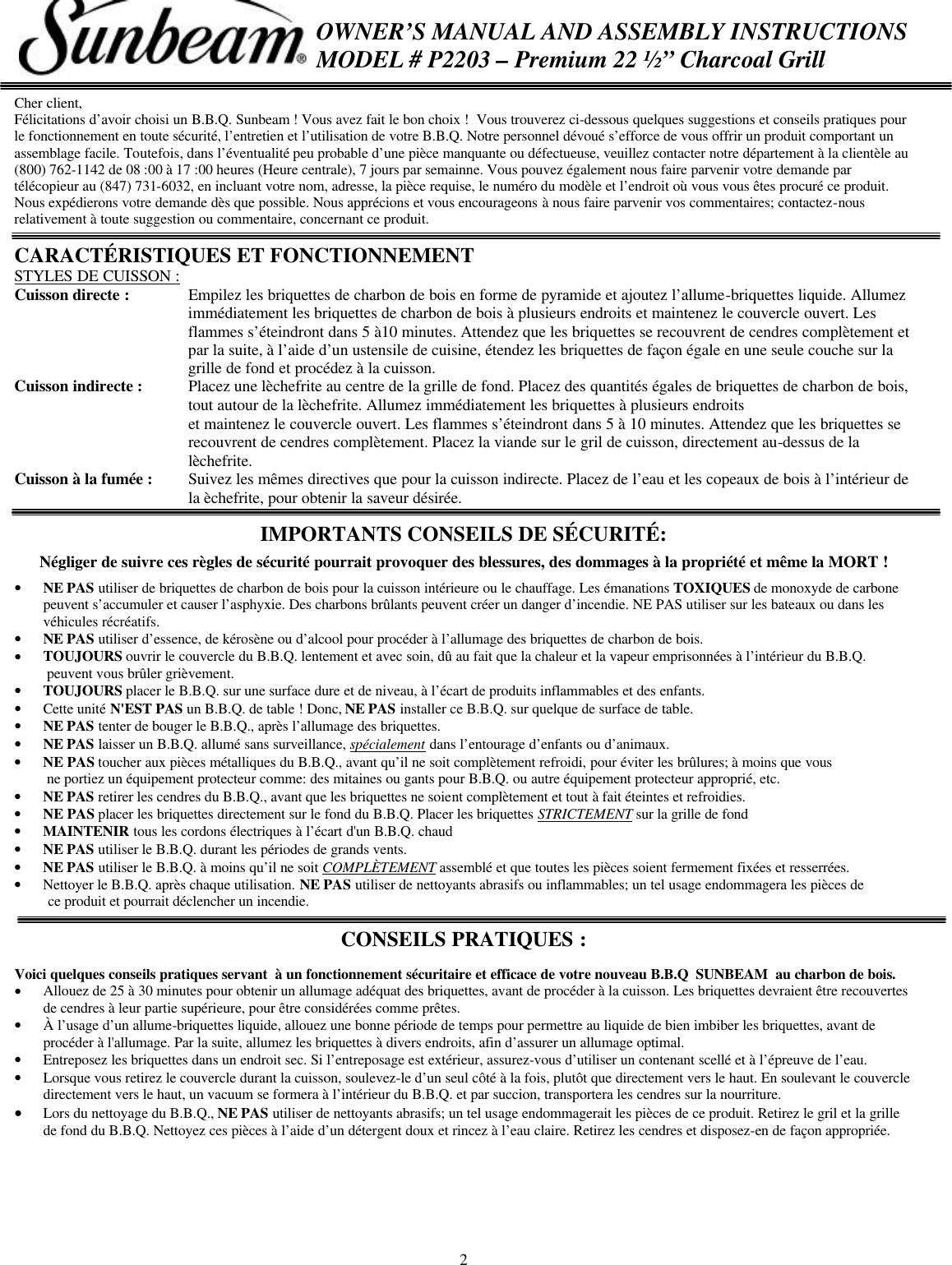 Page 2 of 11 - Sunbeam Sunbeam-P2203-Users-Manual- P2203 Owners Manual  Sunbeam-p2203-users-manual