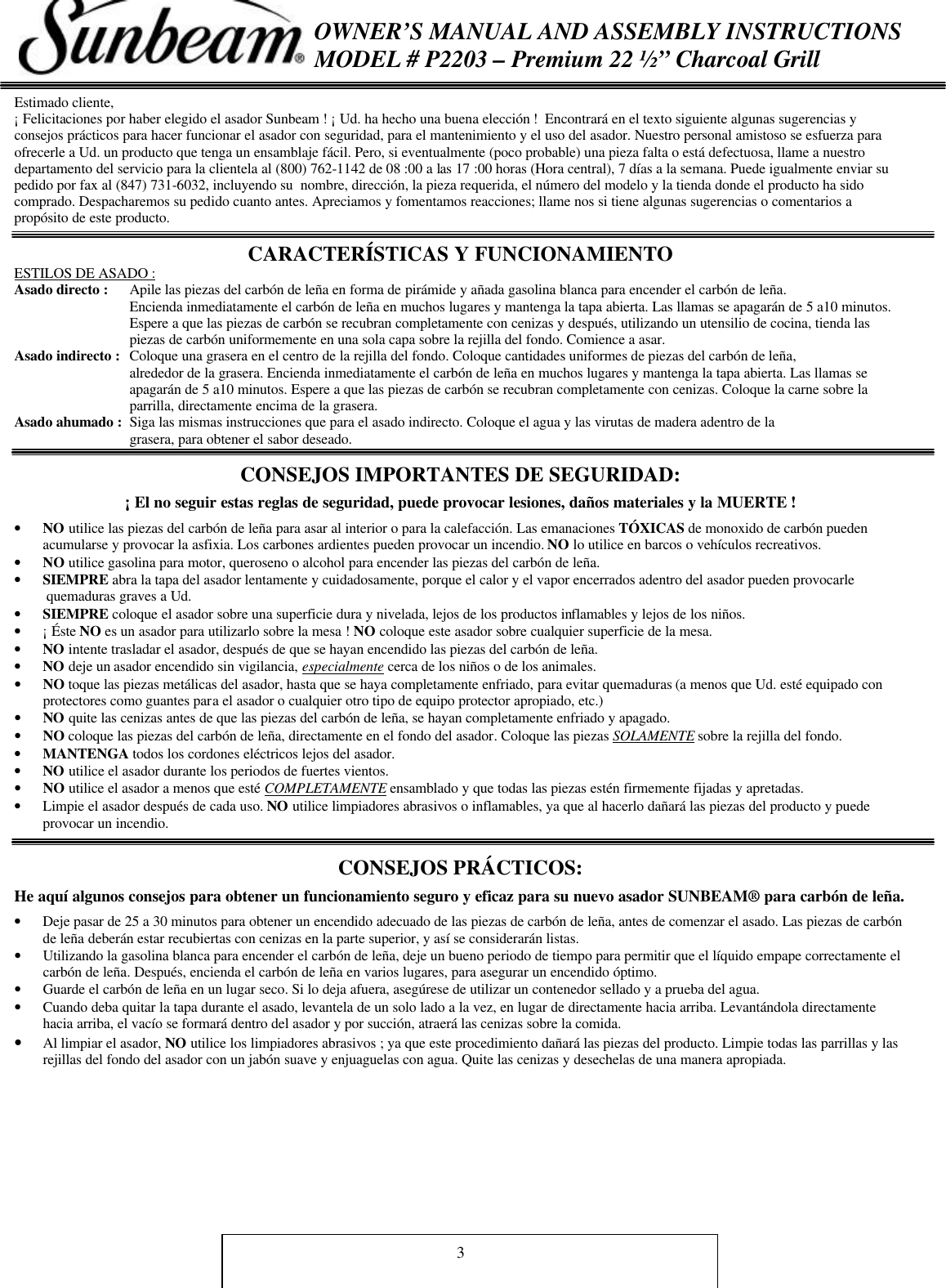 Page 3 of 11 - Sunbeam Sunbeam-P2203-Users-Manual- P2203 Owners Manual  Sunbeam-p2203-users-manual