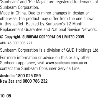 Page 11 of 12 - Sunbeam Sunbeam-Pie-Magic-4-Users-Manual- PM4400_IB  Sunbeam-pie-magic-4-users-manual