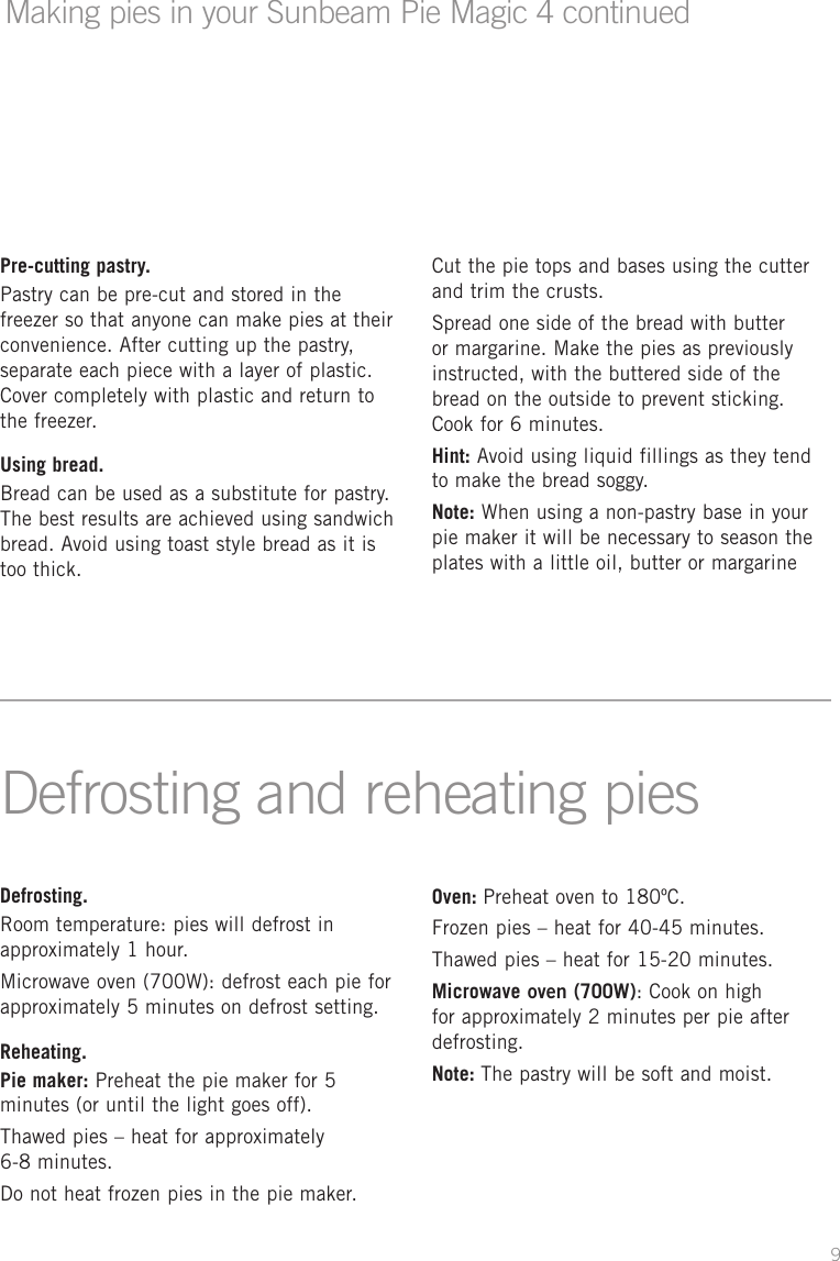 Page 9 of 12 - Sunbeam Sunbeam-Pie-Magic-4-Users-Manual- PM4400_IB  Sunbeam-pie-magic-4-users-manual