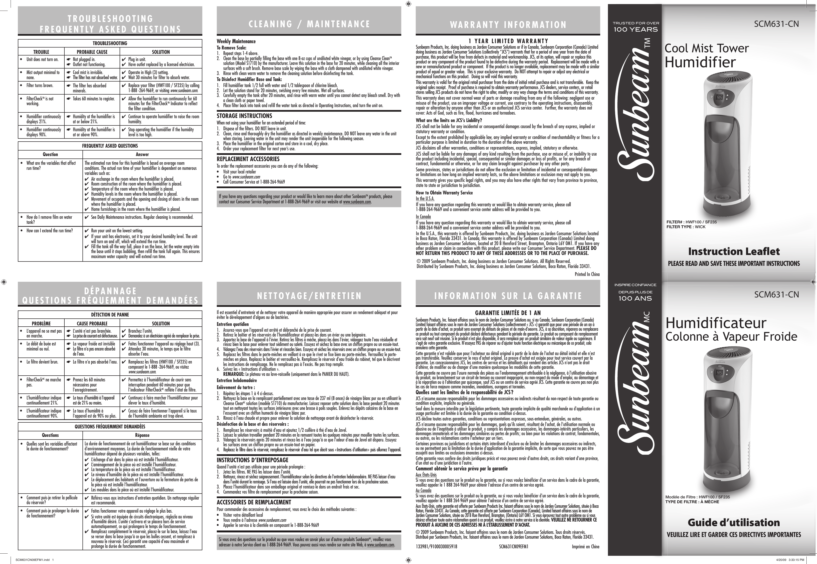 Page 1 of 2 - Sunbeam Sunbeam-Scm631-Cn-Users-Manual- SCM631CN09EFM1  Sunbeam-scm631-cn-users-manual