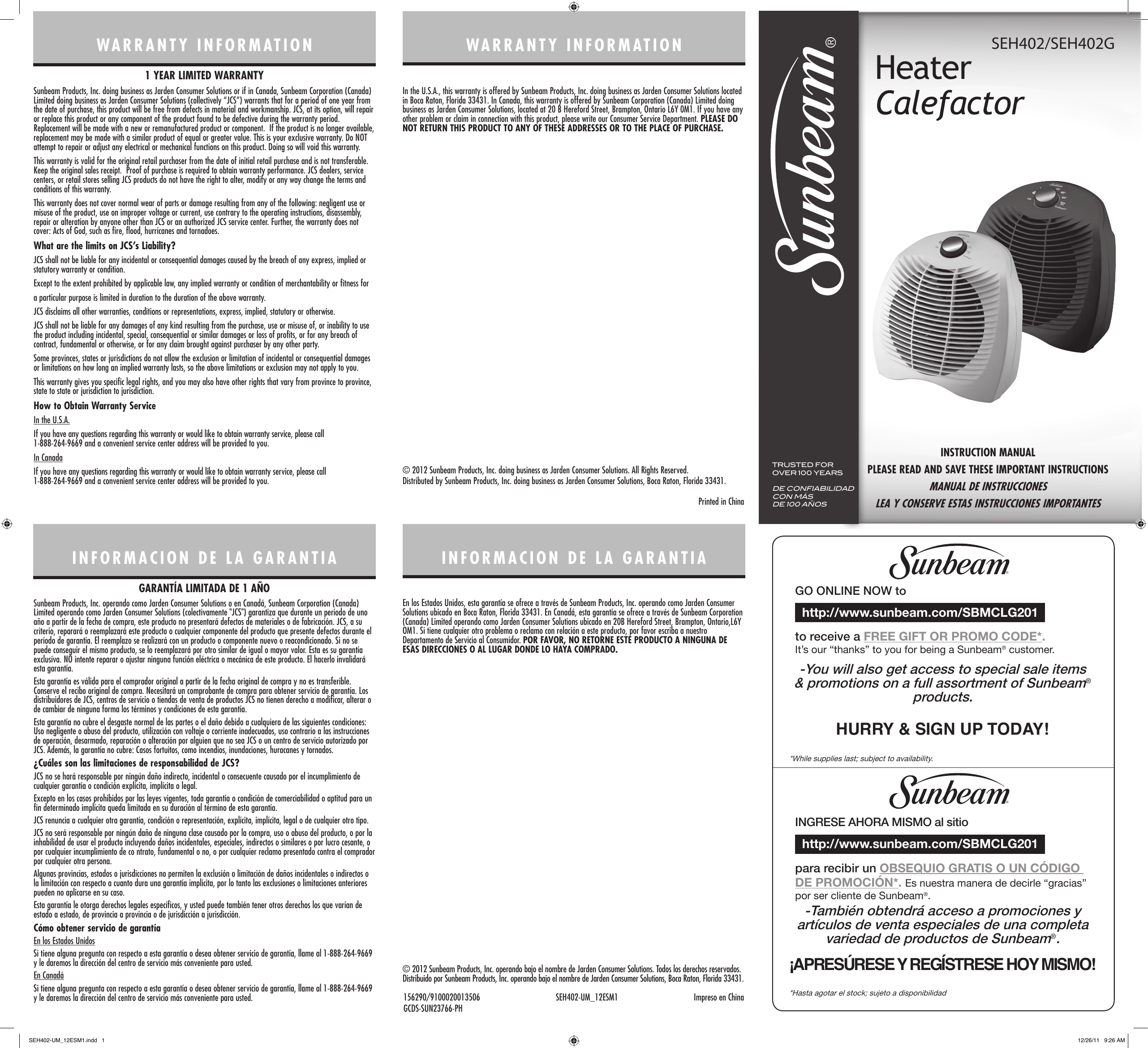 Page 1 of 2 - Sunbeam Sunbeam-Seh402-Um-Sunbeam-Fan-Heater-With-Ecosmart-Technology-Owner-S-Manual