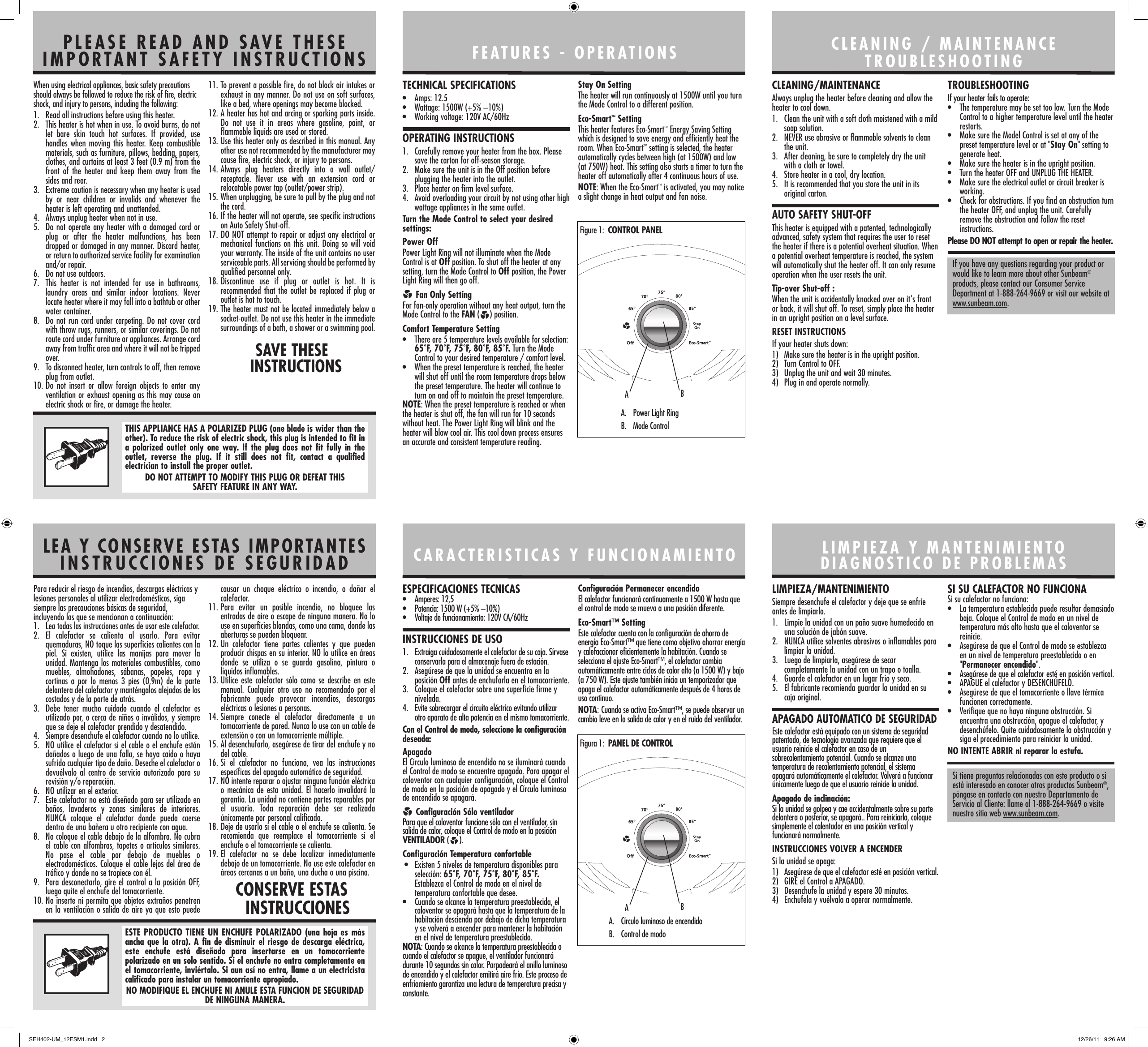 Page 2 of 2 - Sunbeam Sunbeam-Seh402-Um-Sunbeam-Fan-Heater-With-Ecosmart-Technology-Owner-S-Manual