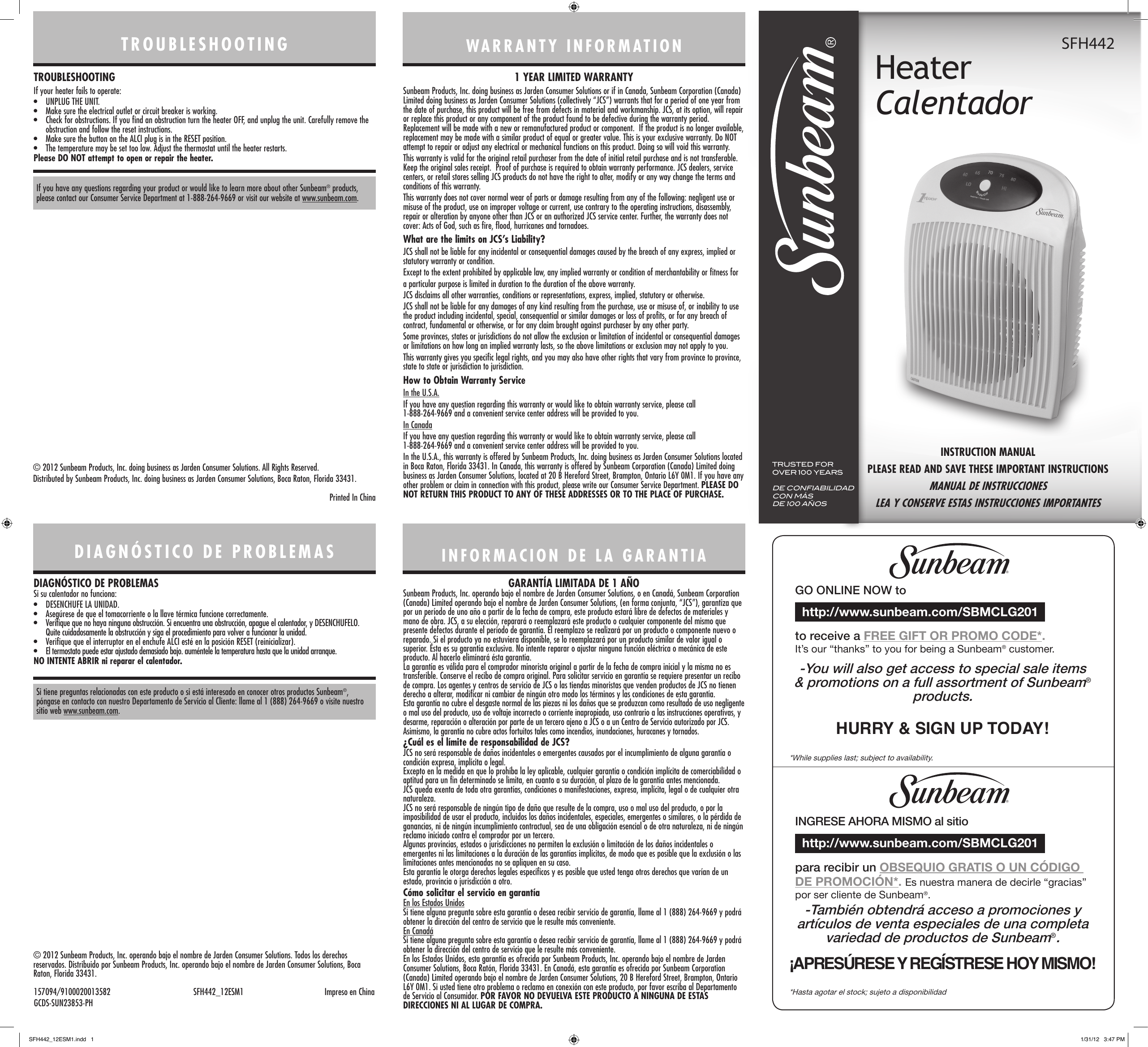 Page 1 of 2 - Sunbeam Sunbeam-Sfh442-Users-Manual-  Sunbeam-sfh442-users-manual