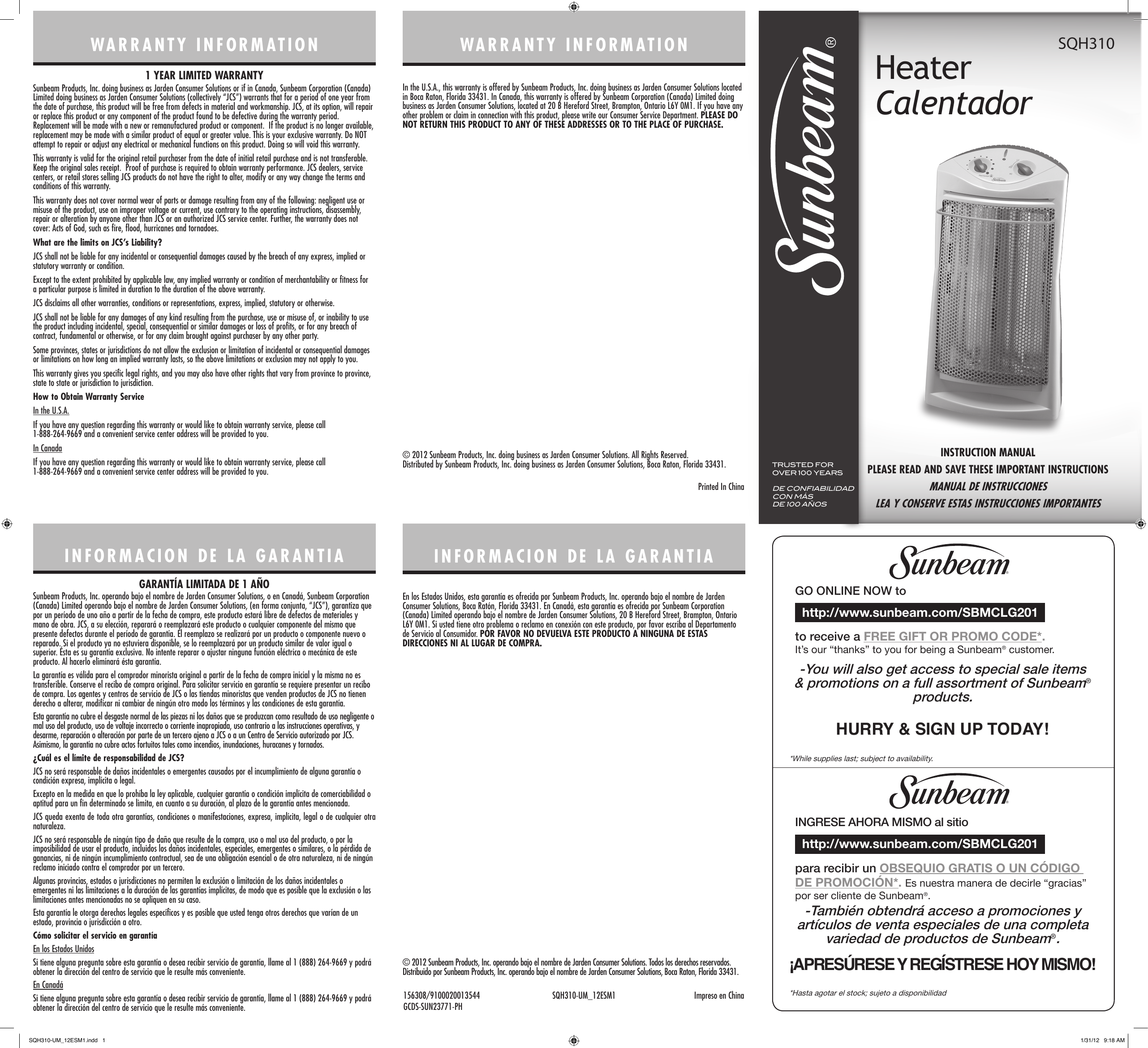 Page 1 of 2 - Sunbeam Sunbeam-Sqh310-Um-Instruction-Manual-  Sunbeam-sqh310-um-instruction-manual