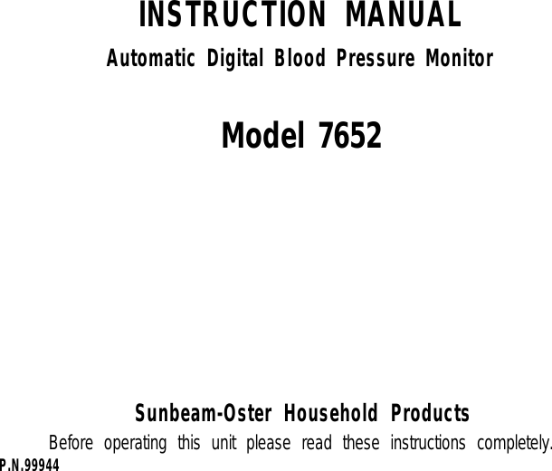 Page 1 of 12 - Sunbeam Sunbeam-Sunbeam-Blood-Pressure-Monitor-7652-Users-Manual-  Sunbeam-sunbeam-blood-pressure-monitor-7652-users-manual