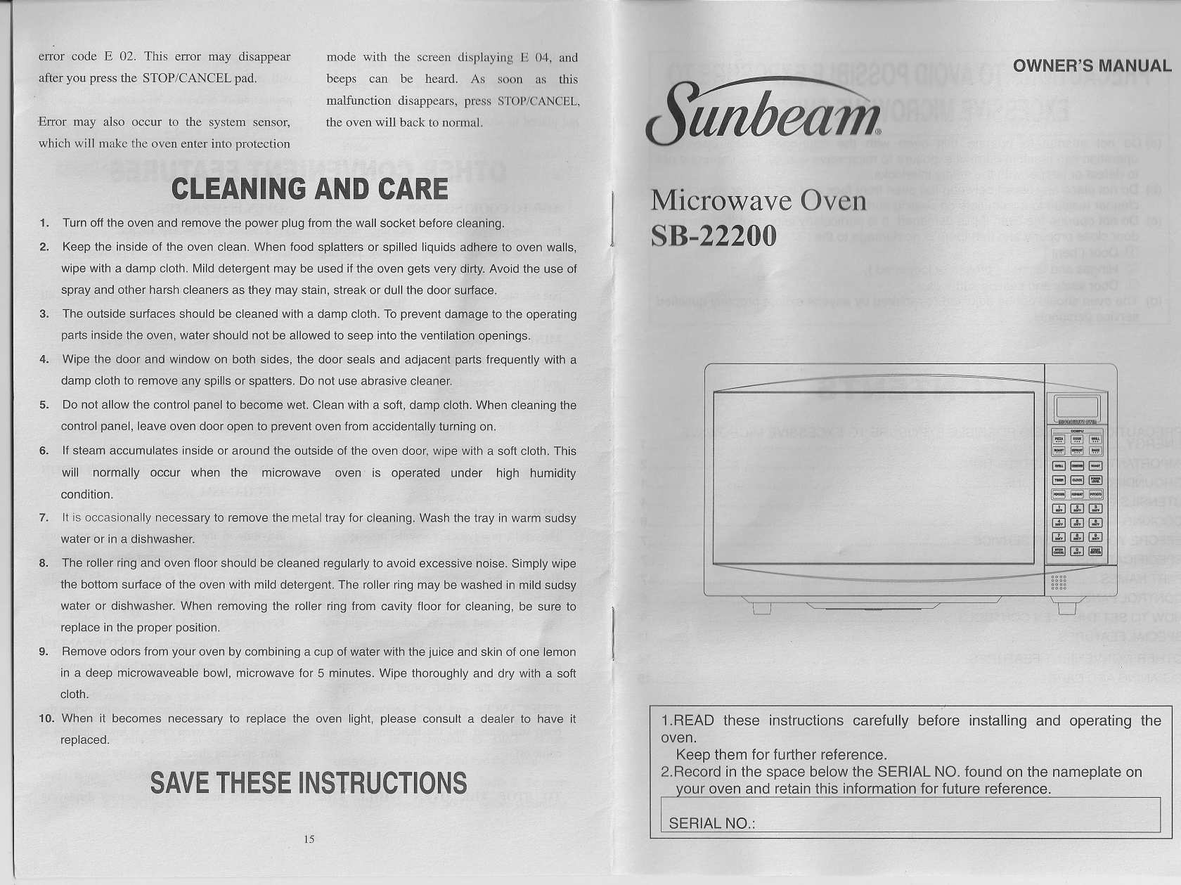 Page 1 of 8 - Sunbeam Sunbeam-Sunbeam-Microwave-Oven-Sb-22200-Users-Manual-  Sunbeam-sunbeam-microwave-oven-sb-22200-users-manual