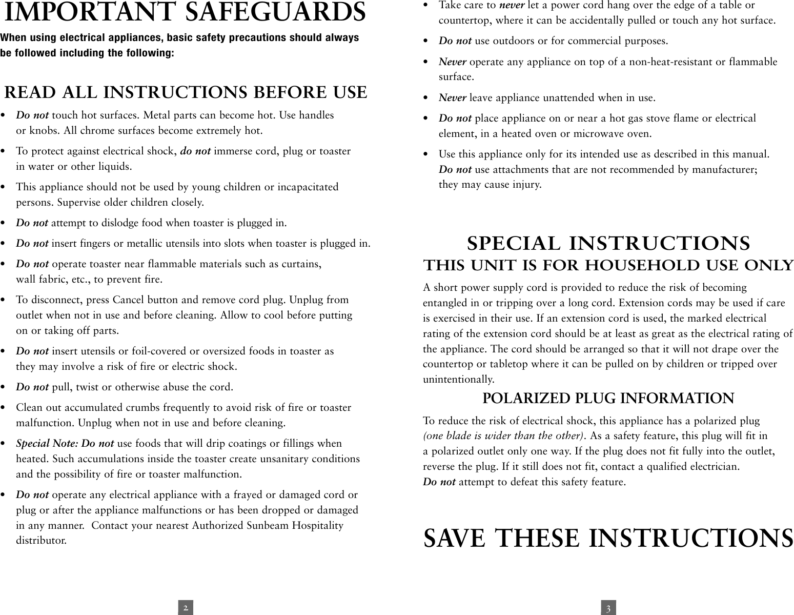 Page 2 of 7 - Sunbeam Sunbeam-Tssbtr2Sbk-2-Slice-And-4-Slice-Extra-Wide-Slot-Toaster-Instruction-Manual- 3822-23_118696_IM  Sunbeam-tssbtr2sbk-2-slice-and-4-slice-extra-wide-slot-toaster-instruction-manual