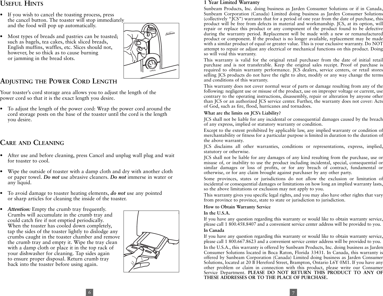 Page 4 of 7 - Sunbeam Sunbeam-Tssbtr2Sbk-2-Slice-And-4-Slice-Extra-Wide-Slot-Toaster-Instruction-Manual- 3822-23_118696_IM  Sunbeam-tssbtr2sbk-2-slice-and-4-slice-extra-wide-slot-toaster-instruction-manual