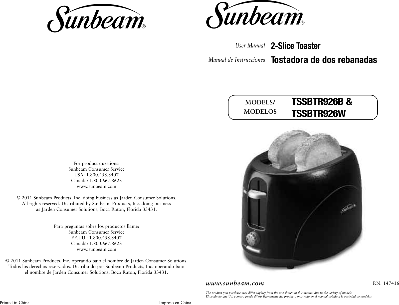 Page 1 of 7 - Sunbeam Sunbeam-Tssbtr926B-2-Slice-Toaster-Instruction-Manual- 3822-23_118696_IM Sunbeam-tssbtr926b-2-slice-toaster-instruction-manual