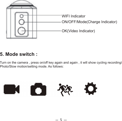 5WIFI IndicatorON/OFF/Mode(Charge Indicator) OK(Video Indicator)5. Mode switch :Turn on the camera , press on/off key again and again , it will show cycling recording/Photo/Slow motion/setting mode. As follows: 