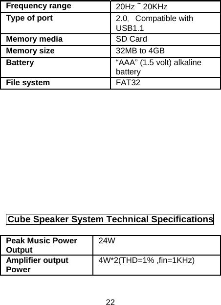 22 Frequency range   20Hz～20KHz  Type of port   2.0，Compatible with USB1.1  Memory media   SD Card Memory size  32MB to 4GB Battery   “AAA” (1.5 volt) alkaline battery  File system   FAT32        Cube Speaker System Technical Specifications Peak Music Power Output  24W Amplifier output Power  4W*2(THD=1% ,fin=1KHz) 