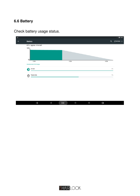  6.6 Battery Check battery usage status.          