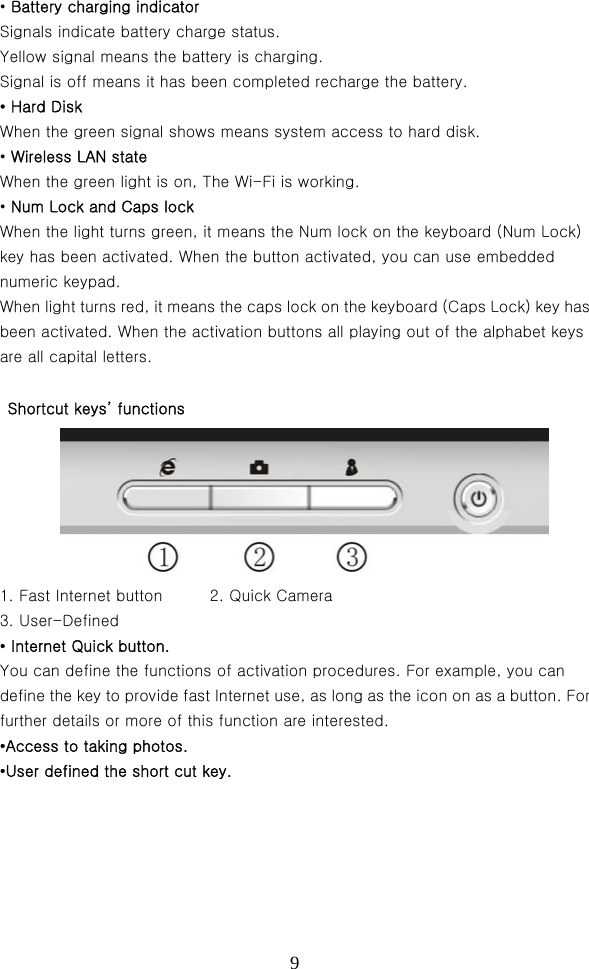  9• Battery charging indicator   Signals indicate battery charge status. Yellow signal means the battery is charging.   Signal is off means it has been completed recharge the battery. • Hard Disk   When the green signal shows means system access to hard disk.   • Wireless LAN state   When the green light is on, The Wi-Fi is working. • Num Lock and Caps lock When the light turns green, it means the Num lock on the keyboard (Num Lock) key has been activated. When the button activated, you can use embedded numeric keypad.   When light turns red, it means the caps lock on the keyboard (Caps Lock) key has been activated. When the activation buttons all playing out of the alphabet keys are all capital letters.      Shortcut keys’ functions  1. Fast Internet button      2. Quick Camera 3. User-Defined     • Internet Quick button. You can define the functions of activation procedures. For example, you can define the key to provide fast Internet use, as long as the icon on as a button. For further details or more of this function are interested.   •Access to taking photos. •User defined the short cut key.  