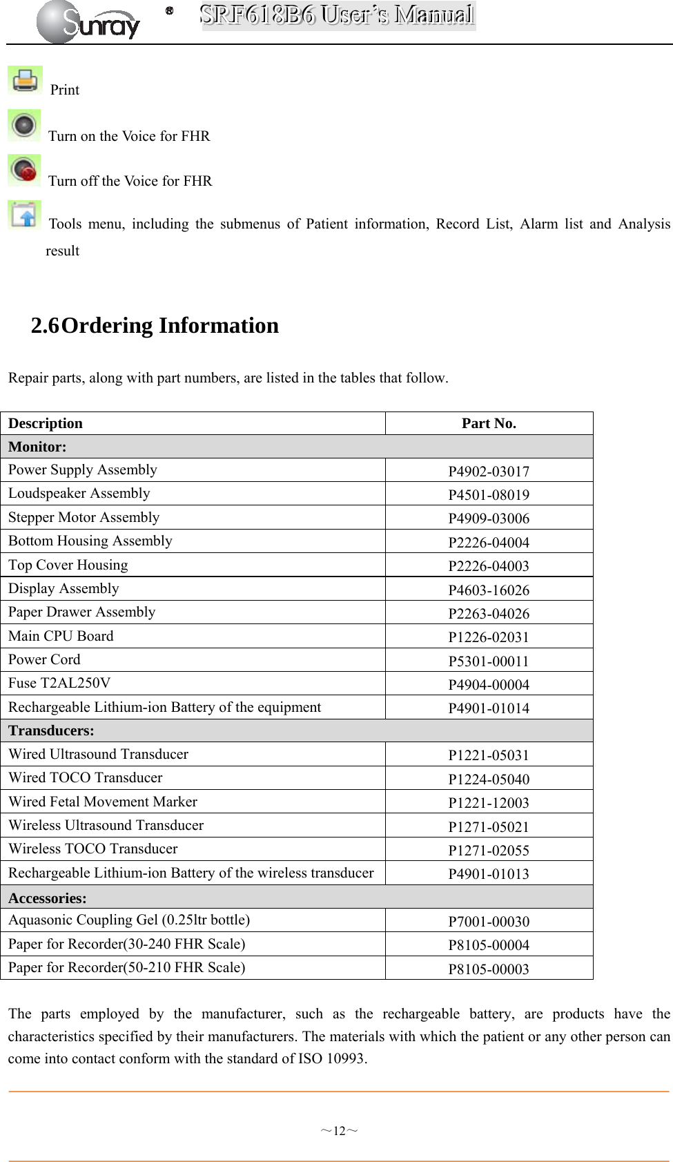 SSSRRRFFF666111888BBB666   UUUssseeerrr’’’sss   MMMaaannnuuuaaalll  ～12～  Print    Turn on the Voice for FHR   Turn off the Voice for FHR  Tools menu, including the submenus of Patient information, Record List, Alarm list and Analysis result  2.6 Ordering Information Repair parts, along with part numbers, are listed in the tables that follow.  Description Part No. Monitor: Power Supply Assembly  P4902-03017 Loudspeaker Assembly  P4501-08019 Stepper Motor Assembly  P4909-03006 Bottom Housing Assembly  P2226-04004 Top Cover Housing  P2226-04003 Display Assembly  P4603-16026 Paper Drawer Assembly  P2263-04026 Main CPU Board  P1226-02031 Power Cord    P5301-00011 Fuse T2AL250V  P4904-00004 Rechargeable Lithium-ion Battery of the equipment  P4901-01014 Transducers: Wired Ultrasound Transducer  P1221-05031 Wired TOCO Transducer  P1224-05040 Wired Fetal Movement Marker      P1221-12003 Wireless Ultrasound Transducer    P1271-05021 Wireless TOCO Transducer  P1271-02055 Rechargeable Lithium-ion Battery of the wireless transducer P4901-01013 Accessories: Aquasonic Coupling Gel (0.25ltr bottle)    P7001-00030 Paper for Recorder(30-240 FHR Scale)  P8105-00004 Paper for Recorder(50-210 FHR Scale)  P8105-00003  The parts employed by the manufacturer, such as the rechargeable battery, are products have the characteristics specified by their manufacturers. The materials with which the patient or any other person can come into contact conform with the standard of ISO 10993.  