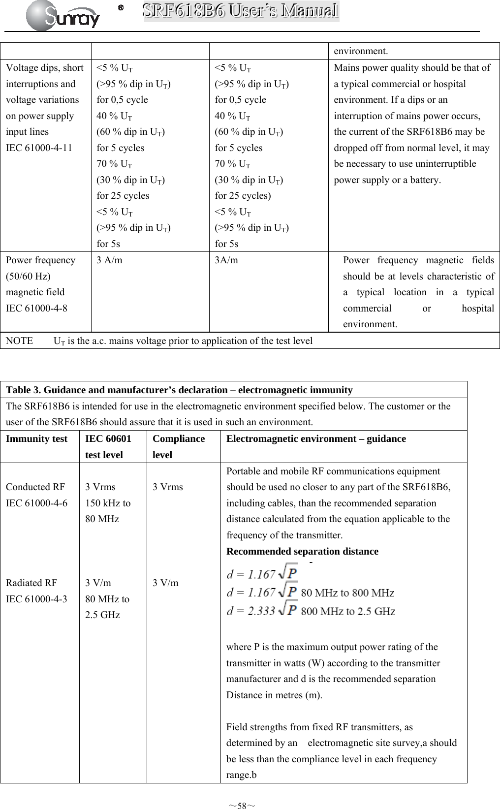 SSSRRRFFF666111888BBB666   UUUssseeerrr’’’sss   MMMaaannnuuuaaalll  ～58～  environment. Voltage dips, short interruptions and voltage variations on power supply input lines IEC 61000-4-11  &lt;5 % UT (&gt;95 % dip in UT) for 0,5 cycle 40 % UT (60 % dip in UT) for 5 cycles 70 % UT (30 % dip in UT) for 25 cycles &lt;5 % UT (&gt;95 % dip in UT) for 5s   &lt;5 % UT (&gt;95 % dip in UT) for 0,5 cycle 40 % UT (60 % dip in UT) for 5 cycles 70 % UT (30 % dip in UT) for 25 cycles) &lt;5 % UT (&gt;95 % dip in UT) for 5s Mains power quality should be that of a typical commercial or hospital environment. If a dips or an interruption of mains power occurs, the current of the SRF618B6 may be dropped off from normal level, it may be necessary to use uninterruptible power supply or a battery.  Power frequency (50/60 Hz) magnetic field IEC 61000-4-8  3 A/m  3A/m  Power frequency magnetic fields should be at levels characteristic of a typical location in a typical commercial or hospital environment. NOTE    UT is the a.c. mains voltage prior to application of the test level       Table 3. Guidance and manufacturer’s declaration – electromagnetic immunity The SRF618B6 is intended for use in the electromagnetic environment specified below. The customer or the user of the SRF618B6 should assure that it is used in such an environment. Immunity test  IEC 60601 test level Compliance level Electromagnetic environment – guidance   Conducted RF IEC 61000-4-6     Radiated RF IEC 61000-4-3   3 Vrms 150 kHz to 80 MHz    3 V/m 80 MHz to 2.5 GHz   3 Vrms      3 V/m  Portable and mobile RF communications equipment   should be used no closer to any part of the SRF618B6, including cables, than the recommended separation distance calculated from the equation applicable to the frequency of the transmitter. Recommended separation distance   where P is the maximum output power rating of the transmitter in watts (W) according to the transmitter manufacturer and d is the recommended separation Distance in metres (m).    Field strengths from fixed RF transmitters, as determined by an    electromagnetic site survey,a should be less than the compliance level in each frequency range.b 