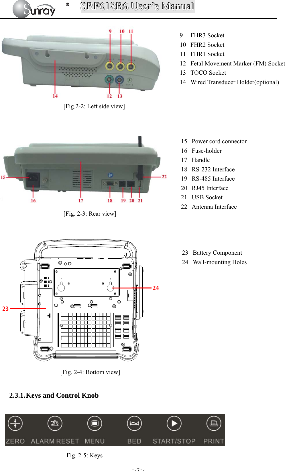 SSSRRRFFF666111888BBB666   UUUssseeerrr’’’sss   MMMaaannnuuuaaalll  ～7～  [Fig.2-2: Left side view]    [Fig. 2-3: Rear view]   [Fig. 2-4: Bottom view] 2.3.1. Keys and Control Knob  Fig. 2-5: Keys 9 FHR3 Socket 10 FHR2 Socket 11 FHR1 Socket 12 Fetal Movement Marker (FM) Socket 13 TOCO Socket 14 Wired Transducer Holder(optional) 15 Power cord connector 16 Fuse-holder 17 Handle 18 RS-232 Interface 19 RS-485 Interface 20 RJ45 Interface 21 USB Socket 22 Antenna Interface   23 Battery Component 24 Wall-mounting Holes 23 24 