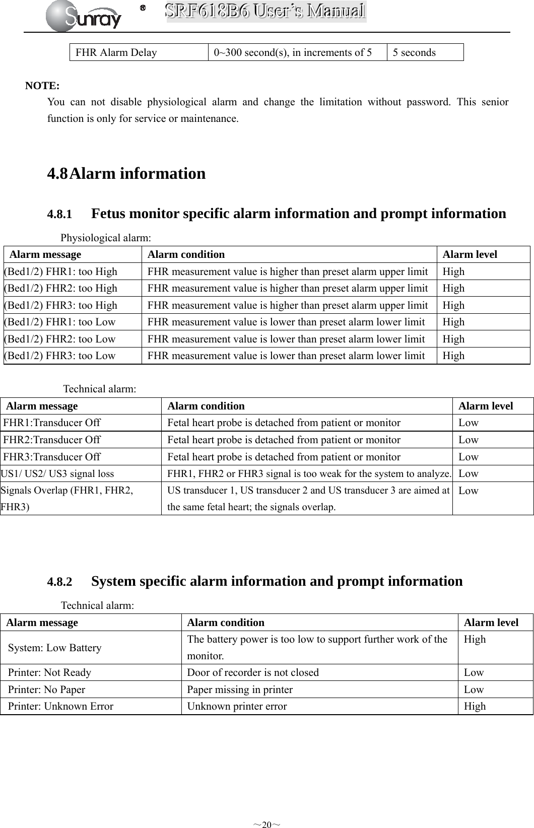 SSSRRRFFF666111888BBB666   UUUssseeerrr’’’sss   MMMaaannnuuuaaalll  ～20～ FHR Alarm Delay  0~300 second(s), in increments of 5  5 seconds  NOTE: You can not disable physiological alarm and change the limitation without password. This senior function is only for service or maintenance.  4.8 Alarm information   4.8.1 Fetus monitor specific alarm information and prompt information Physiological alarm: Alarm message  Alarm condition  Alarm level (Bed1/2) FHR1: too High  FHR measurement value is higher than preset alarm upper limit  High (Bed1/2) FHR2: too High  FHR measurement value is higher than preset alarm upper limit  High (Bed1/2) FHR3: too High  FHR measurement value is higher than preset alarm upper limit  High (Bed1/2) FHR1: too Low  FHR measurement value is lower than preset alarm lower limit  High (Bed1/2) FHR2: too Low  FHR measurement value is lower than preset alarm lower limit  High (Bed1/2) FHR3: too Low  FHR measurement value is lower than preset alarm lower limit  High  Technical alarm: Alarm message  Alarm condition  Alarm level FHR1:Transducer Off  Fetal heart probe is detached from patient or monitor    Low FHR2:Transducer Off  Fetal heart probe is detached from patient or monitor  Low FHR3:Transducer Off  Fetal heart probe is detached from patient or monitor  Low US1/ US2/ US3 signal loss  FHR1, FHR2 or FHR3 signal is too weak for the system to analyze. Low Signals Overlap (FHR1, FHR2, FHR3) US transducer 1, US transducer 2 and US transducer 3 are aimed at the same fetal heart; the signals overlap. Low   4.8.2 System specific alarm information and prompt information Technical alarm:   Alarm message  Alarm condition  Alarm level System: Low Battery  The battery power is too low to support further work of the monitor. High Printer: Not Ready  Door of recorder is not closed    Low Printer: No Paper  Paper missing in printer  Low Printer: Unknown Error  Unknown printer error  High     