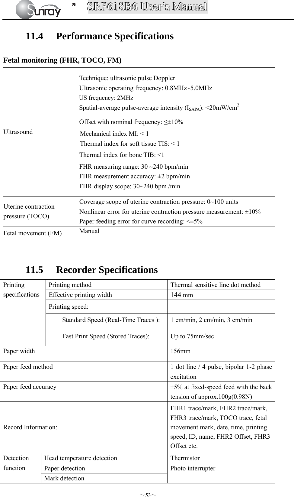 SSSRRRFFF666111888BBB666   UUUssseeerrr’’’sss   MMMaaannnuuuaaalll  ～53～ 11.4 Performance Specifications Fetal monitoring (FHR, TOCO, FM) Ultrasound Technique: ultrasonic pulse Doppler   Ultrasonic operating frequency: 0.8MHz~5.0MHz US frequency: 2MHz   Spatial-average pulse-average intensity (ISAPA): &lt;20mW/cm2 Offset with nominal frequency: ≤±10% Mechanical index MI: &lt; 1 Thermal index for soft tissue TIS: &lt; 1Thermal index for bone TIB: &lt;1 FHR measuring range: 30 ~240 bpm/min FHR measurement accuracy: ±2 bpm/min FHR display scope: 30~240 bpm /min   Uterine contraction pressure (TOCO) Coverage scope of uterine contraction pressure: 0~100 units Nonlinear error for uterine contraction pressure measurement: ±10% Paper feeding error for curve recording: &lt;±5% Fetal movement (FM)  Manual  11.5 Recorder Specifications   Printing specifications Printing method  Thermal sensitive line dot method Effective printing width  144 mm Printing speed:   Standard Speed (Real-Time Traces ):  1 cm/min, 2 cm/min, 3 cm/min Fast Print Speed (Stored Traces):  Up to 75mm/sec Paper width  156mm Paper feed method  1 dot line / 4 pulse, bipolar 1-2 phase excitation Paper feed accuracy  5% at fixed-speed feed with the back tension of approx.100g(0.98N)   Record Information: FHR1 trace/mark, FHR2 trace/mark, FHR3 trace/mark, TOCO trace, fetal movement mark, date, time, printing speed, ID, name, FHR2 Offset, FHR3 Offset etc. Detection function Head temperature detection  Thermistor Paper detection  Photo interrupter Mark detection 