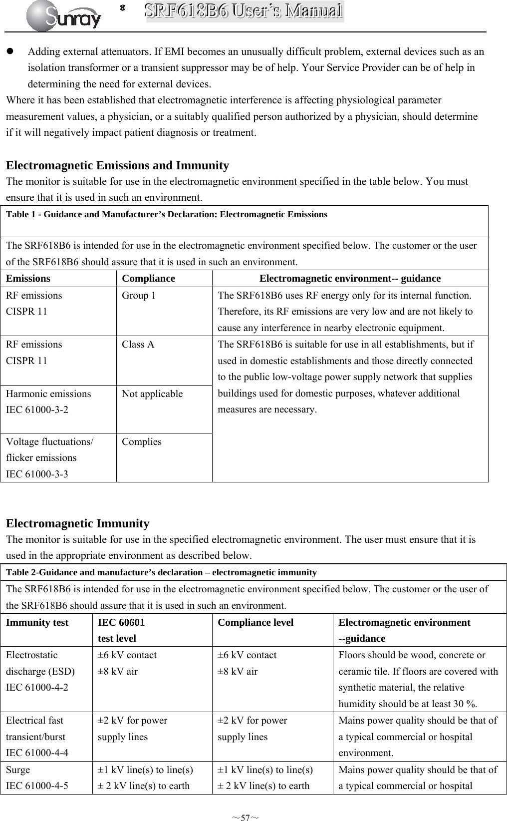 SSSRRRFFF666111888BBB666   UUUssseeerrr’’’sss   MMMaaannnuuuaaalll  ～57～  Adding external attenuators. If EMI becomes an unusually difficult problem, external devices such as an isolation transformer or a transient suppressor may be of help. Your Service Provider can be of help in determining the need for external devices. Where it has been established that electromagnetic interference is affecting physiological parameter measurement values, a physician, or a suitably qualified person authorized by a physician, should determine if it will negatively impact patient diagnosis or treatment.  Electromagnetic Emissions and Immunity The monitor is suitable for use in the electromagnetic environment specified in the table below. You must ensure that it is used in such an environment. Table 1 - Guidance and Manufacturer’s Declaration: Electromagnetic Emissions The SRF618B6 is intended for use in the electromagnetic environment specified below. The customer or the user of the SRF618B6 should assure that it is used in such an environment. Emissions Compliance  Electromagnetic environment-- guidance RF emissions CISPR 11  Group 1   The SRF618B6 uses RF energy only for its internal function. Therefore, its RF emissions are very low and are not likely to cause any interference in nearby electronic equipment. RF emissions CISPR 11  Class A  The SRF618B6 is suitable for use in all establishments, but if used in domestic establishments and those directly connected to the public low-voltage power supply network that supplies buildings used for domestic purposes, whatever additional measures are necessary.   Harmonic emissions IEC 61000-3-2 Not applicable  Voltage fluctuations/ flicker emissions IEC 61000-3-3 Complies   Electromagnetic Immunity The monitor is suitable for use in the specified electromagnetic environment. The user must ensure that it is used in the appropriate environment as described below.                 Table 2-Guidance and manufacture’s declaration – electromagnetic immunity  The SRF618B6 is intended for use in the electromagnetic environment specified below. The customer or the user of the SRF618B6 should assure that it is used in such an environment. Immunity test  IEC 60601 test level Compliance level  Electromagnetic environment --guidance Electrostatic discharge (ESD) IEC 61000-4-2  ±6 kV contact ±8 kV air  ±6 kV contact ±8 kV air  Floors should be wood, concrete or ceramic tile. If floors are covered with synthetic material, the relative humidity should be at least 30 %. Electrical fast transient/burst IEC 61000-4-4 ±2 kV for power supply lines ±2 kV for power supply lines   Mains power quality should be that of a typical commercial or hospital environment. Surge IEC 61000-4-5 ±1 kV line(s) to line(s) ± 2 kV line(s) to earth ±1 kV line(s) to line(s) ± 2 kV line(s) to earth Mains power quality should be that of a typical commercial or hospital 