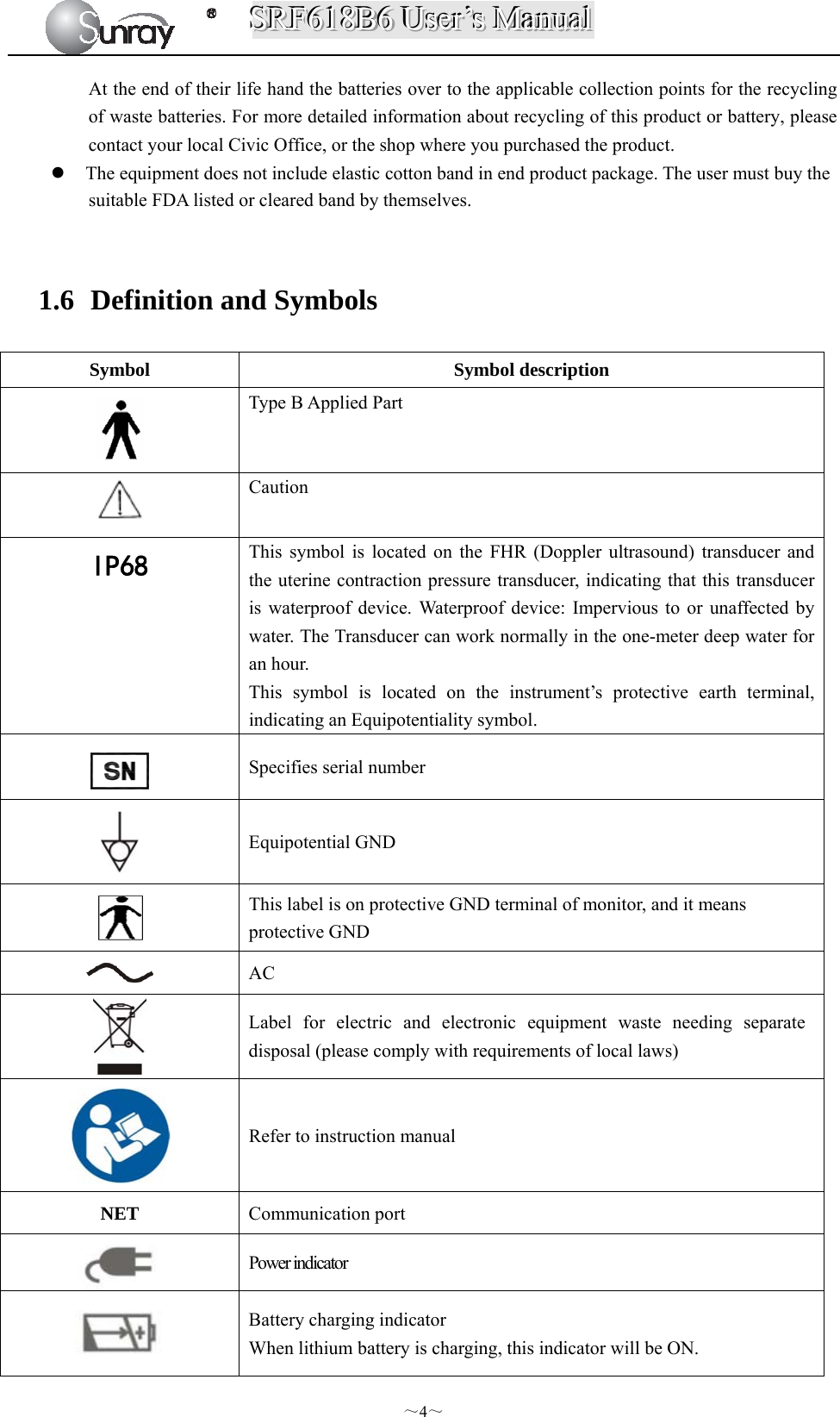 SSSRRRFFF666111888BBB666   UUUssseeerrr’’’sss   MMMaaannnuuuaaalll  ～4～ At the end of their life hand the batteries over to the applicable collection points for the recycling of waste batteries. For more detailed information about recycling of this product or battery, please contact your local Civic Office, or the shop where you purchased the product.  The equipment does not include elastic cotton band in end product package. The user must buy the suitable FDA listed or cleared band by themselves.                                                                                             1.6   Definition and Symbols Symbol Symbol description  Type B Applied Part  Caution IP68 This symbol is located on the FHR (Doppler ultrasound) transducer and the uterine contraction pressure transducer, indicating that this transducer is waterproof device. Waterproof device: Impervious to or unaffected by water. The Transducer can work normally in the one-meter deep water for an hour. This symbol is located on the instrument’s protective earth terminal, indicating an Equipotentiality symbol.  Specifies serial number    Equipotential GND  This label is on protective GND terminal of monitor, and it means protective GND  AC  Label for electric and electronic equipment waste needing separate disposal (please comply with requirements of local laws)  Refer to instruction manual NET Communication port  Power indicator    Battery charging indicator   When lithium battery is charging, this indicator will be ON. 