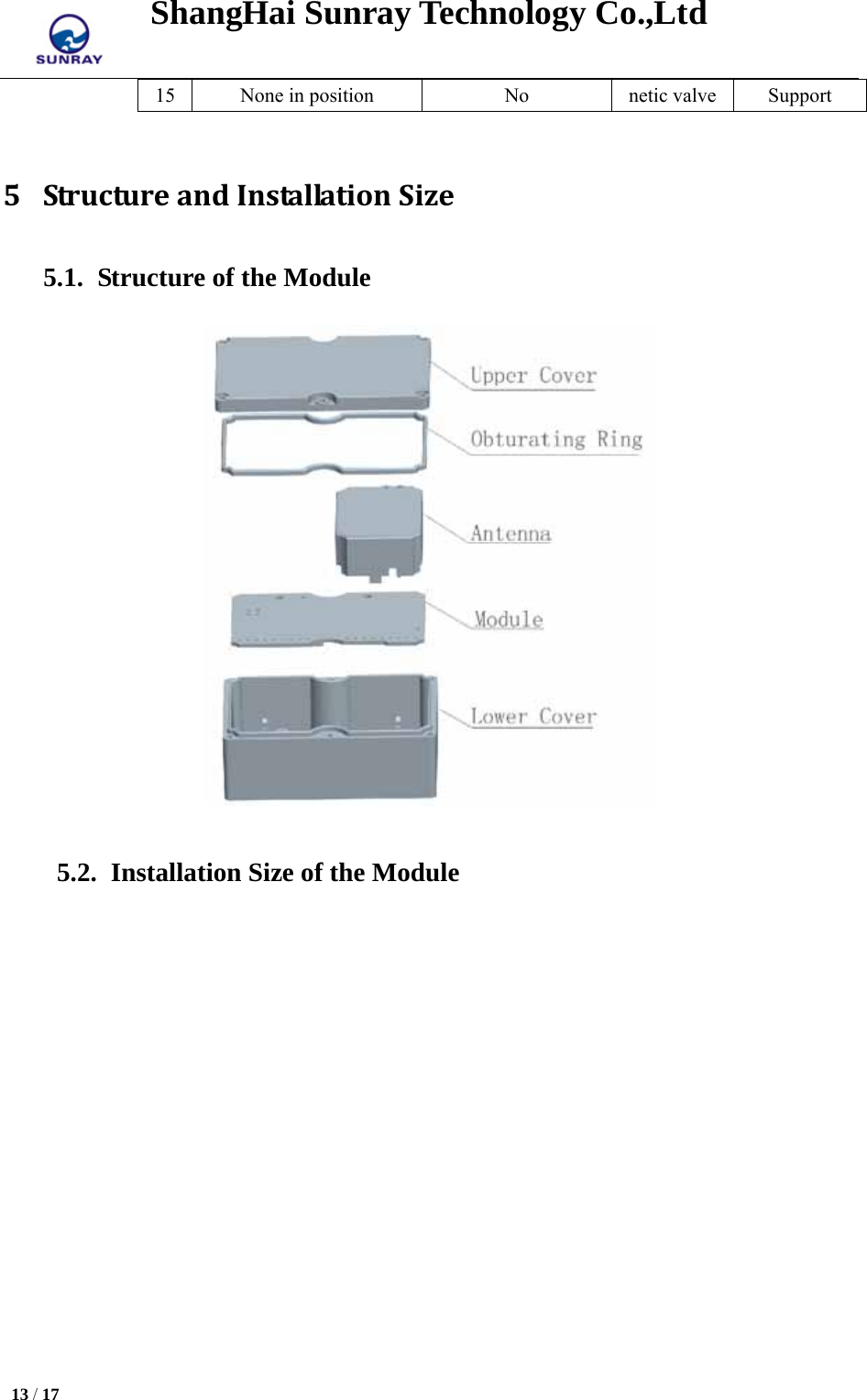 ShangHai Sunray Technology Co.,Ltd  13 / 17   15  None in position  No  netic valve  Support  5 StructureandInstallationSize5.1. Structure of the Module  5.2.   Installation Size of the Module 