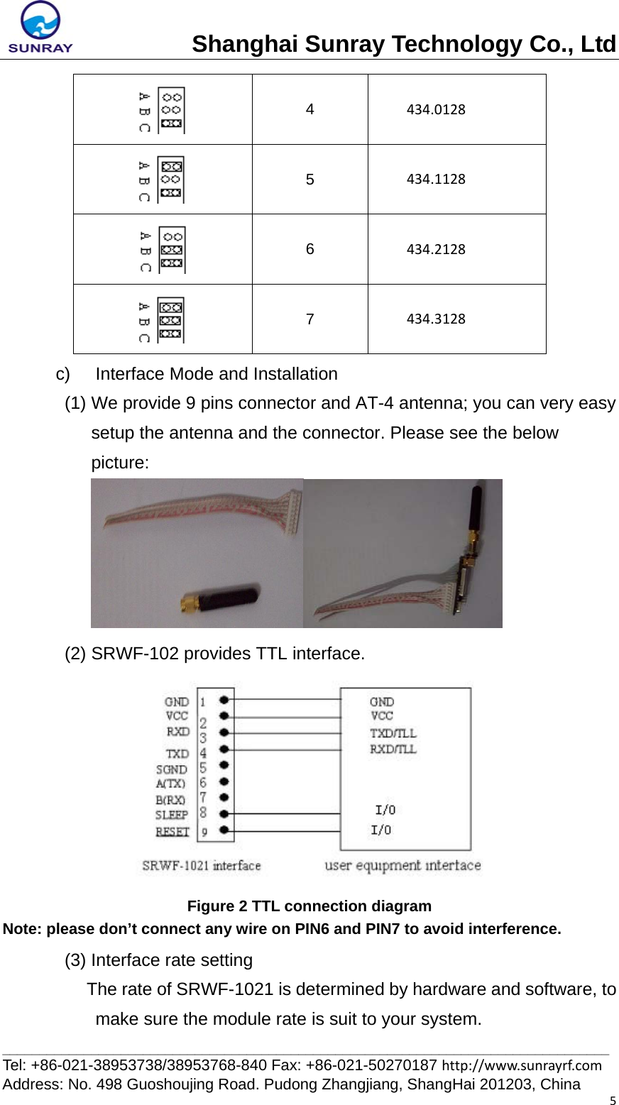 Shanghai Sunray Technology Co., Ltd__________________________________________________________________________________ Tel: +86-021-38953738/38953768-840 Fax: +86-021-50270187 http://www.sunrayrf.com Address: No. 498 Guoshoujing Road. Pudong Zhangjiang, ShangHai 201203, China 5 4  434.0128 5  434.1128 6  434.2128 7  434.3128c)  Interface Mode and Installation     (1) We provide 9 pins connector and AT-4 antenna; you can very easy setup the antenna and the connector. Please see the below picture:  (2) SRWF-102 provides TTL interface.  Figure 2 TTL connection diagram Note: please don’t connect any wire on PIN6 and PIN7 to avoid interference. (3) Interface rate setting The rate of SRWF-1021 is determined by hardware and software, to make sure the module rate is suit to your system. 