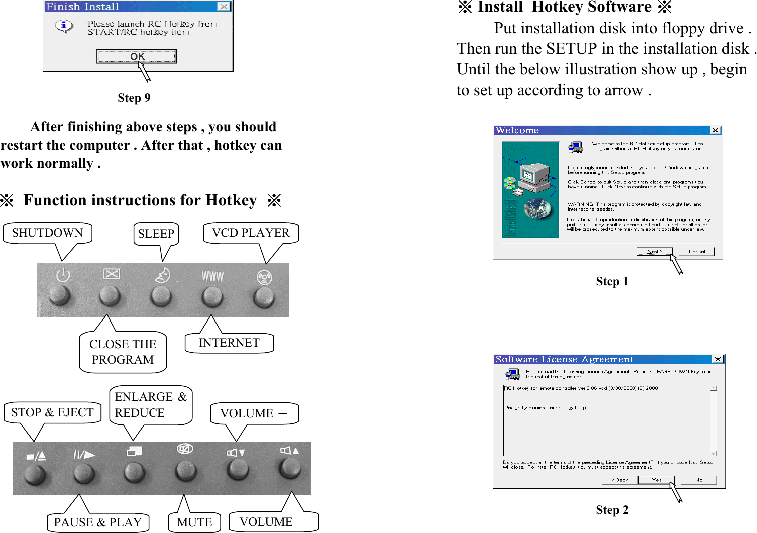 Step 9Step 1Step 2※※※※ Install  Hotkey Software ※※※※　　 Put installation disk into floppy drive .Then run the SETUP in the installation disk .Until the below illustration show up , beginto set up according to arrow .　　　　　　　　After finishing above steps , you shouldrestart the computer . After that , hotkey canwork normally .SHUTDOWNCLOSE THEPROGRAMSLEEPINTERNETSTOP &amp; EJECTENLARGE &amp;REDUCE VOLUME －VCD PLAYERPAUSE &amp; PLAY MUTE VOLUME ＋※※※※  Function instructions for Hotkey  ※※※※