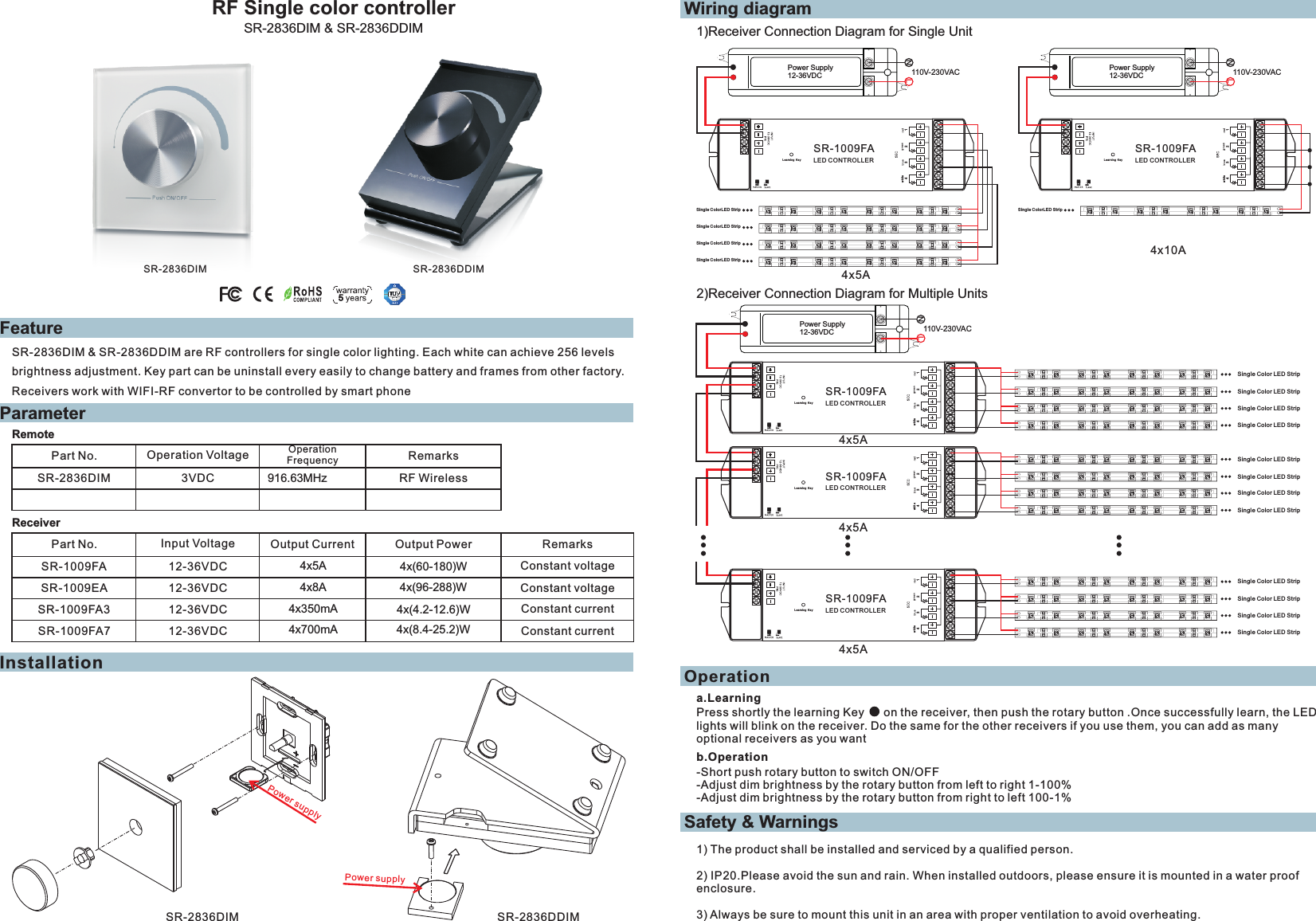 RF Single color controllerFeatureSR-2836DIM &amp; SR-2836DDIMParameterInstallationRemotePart No. Operation Voltage Operation FrequencySR-2836DIM 3VDC 916.63MHzRemarksRF WirelessWiring diagramSR-2836DIM &amp; SR-2836DDIM are RF controllers for single color lighting. Each white can achieve 256 levels brightness adjustment. Key part can be uninstall every easily to change battery and frames from other factory. Receivers work with WIFI-RF convertor to be controlled by smart phonePart No. Input Voltage RemarksOutput CurrentSR-1009FA 12-36VDC Constant voltage4x(60-180)W4x5AOutput PowerSR-1009EA 12-36VDC Constant voltage4x(96-288)W4x8AReceiverSR-1009FA3 12-36VDC Constant current4x(4.2-12.6)W4x350mASR-1009FA7 12-36VDC Constant current4x(8.4-25.2)W4x700mA1)Receiver Connection Diagram for Single Unit2) Connection Diagram for Multiple UnitsReceiver Power Supply12-36VDCLN110V-230VACwhi teSR-1009FALED CONTROLLER1234Lea rnin g KeySing le Colo r LED Stripwhi teSR-1009FALED CONTROLLER1234Lea rnin g Keywhi teSR-1009FALED CONTROLLER1234Lea rnin g KeyPower Supply12-36VDCLN110V-230VACwhi teSR-1009FALED CONTROLLER1234Lea rnin g KeySingl e Co lorLE D St rip4x5A4x5A4x5A4x5APower Supply12-36VDCLN110V-230VACwhi teSR-1009FALED CONTROLLER1234Lea rnin g Key4x10ASingl e Co lorLE D St ripSingl e Co lorLE D St ripSingl e Co lorLE D St ripSingl e Co lorLE D St ripSing le Colo r LED StripSing le Colo r LED StripSing le Colo r LED StripSing le Colo r LED StripSing le Colo r LED StripSing le Colo r LED StripSing le Colo r LED StripSing le Colo r LED StripSing le Colo r LED StripSing le Colo r LED StripSing le Colo r LED StripSR-2836DIM SR-2836DDIMSR-2836DIMPower supplySR-2836DDIMPower supplyOperationa.LearningPress shortly the learning Key      on the receiver, then push the rotary button .Once successfully learn, the LED lights will blink on the receiver. Do the same for the other receivers if you use them, you can add as many optional receivers as you wantb.Operation-Short push rotary button to switch ON/OFF-Adjust dim brightness by the rotary button from left to right 1-100%-Adjust dim brightness by the rotary button from right to left 100-1%Safety &amp; Warnings1) The product shall be installed and serviced by a qualified person.2) IP20.Please avoid the sun and rain. When installed outdoors, please ensure it is mounted in a water proof enclosure.3) Always be sure to mount this unit in an area with proper ventilation to avoid overheating.5